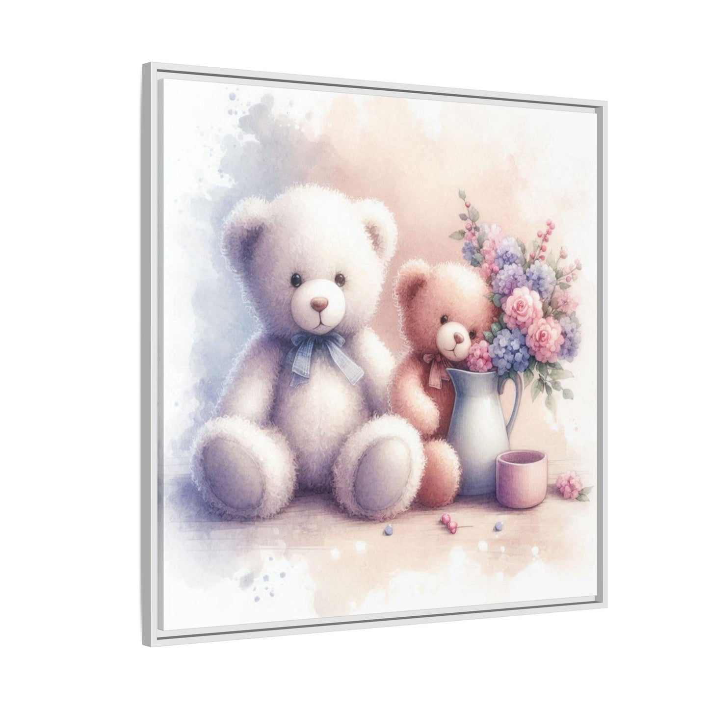 Whimsical Nursery Decor Pastel Floral Teddy Bear Design Wall Art Unique Sweet Baby Room Framed Canvas Print Unisex Baby Shower Gift