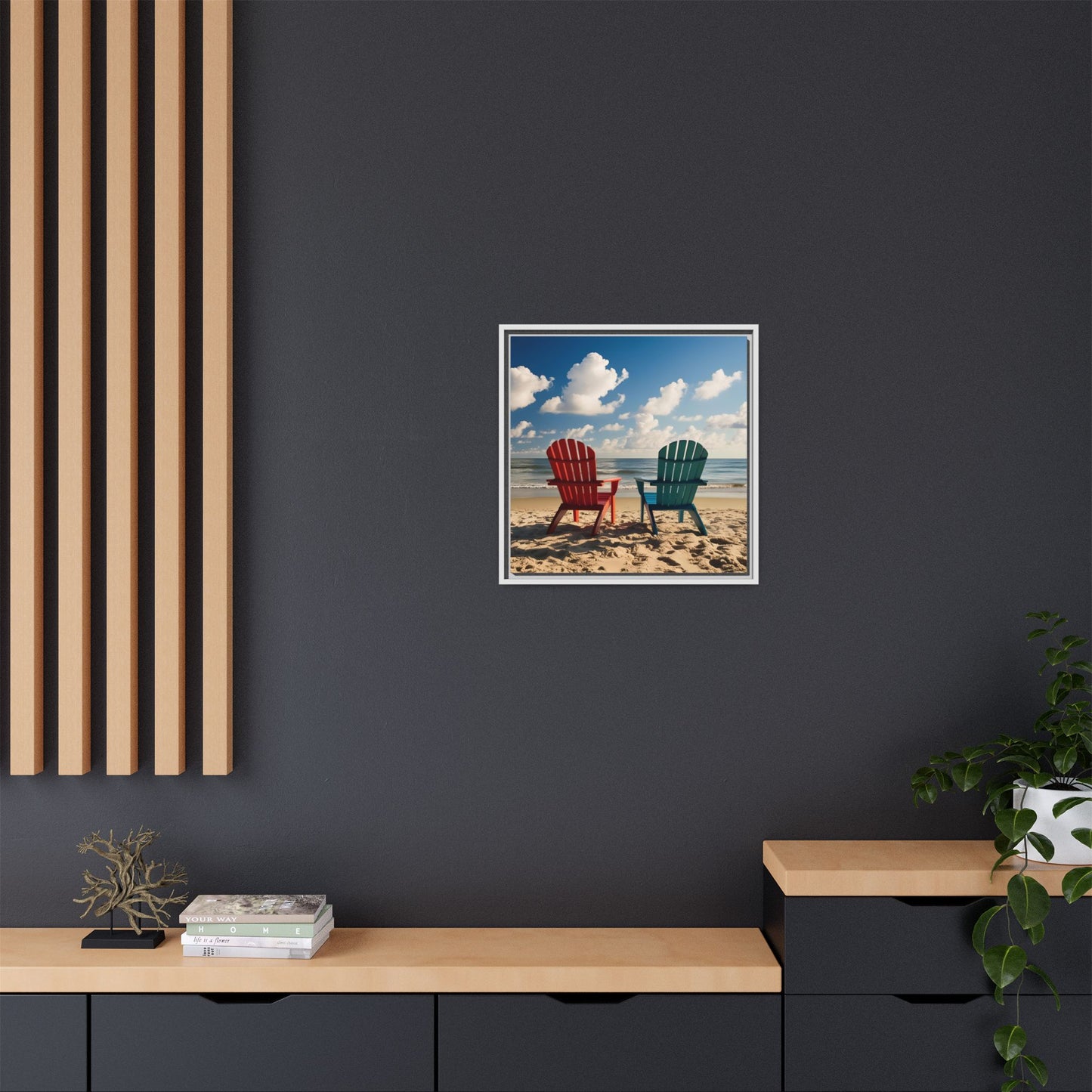 Chairs on the Beach Calm Sunny Day Framed Canvas Wall Art Beach Lover Vacation Oceanic Gift Nature Lover Peaceful Zen Gift 3 frame colors