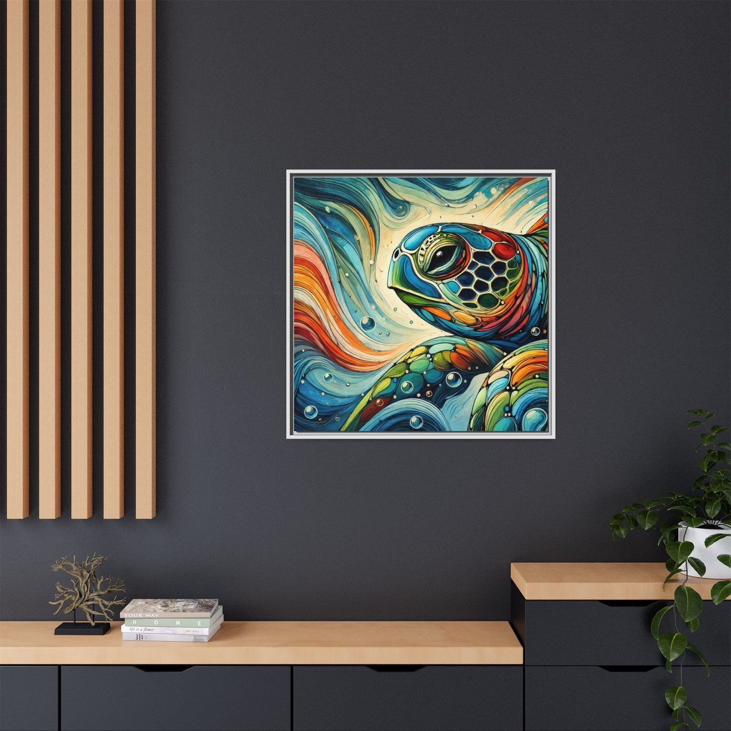 Modern Sea Turtle Print Abstract Design Unique Framed Canvas Print Oceanic Wall Art Animal Lover Gift Nature Lover Decor 3 frame colors