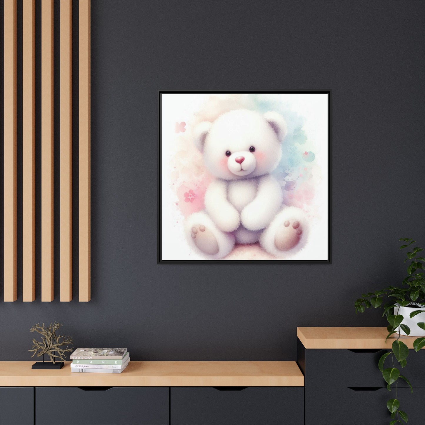 Whimsical Nursery Decor Pastel Floral Teddy Bear Design Wall Art Unique Sweet Baby Room Framed Canvas Print Unisex Baby Shower Gift