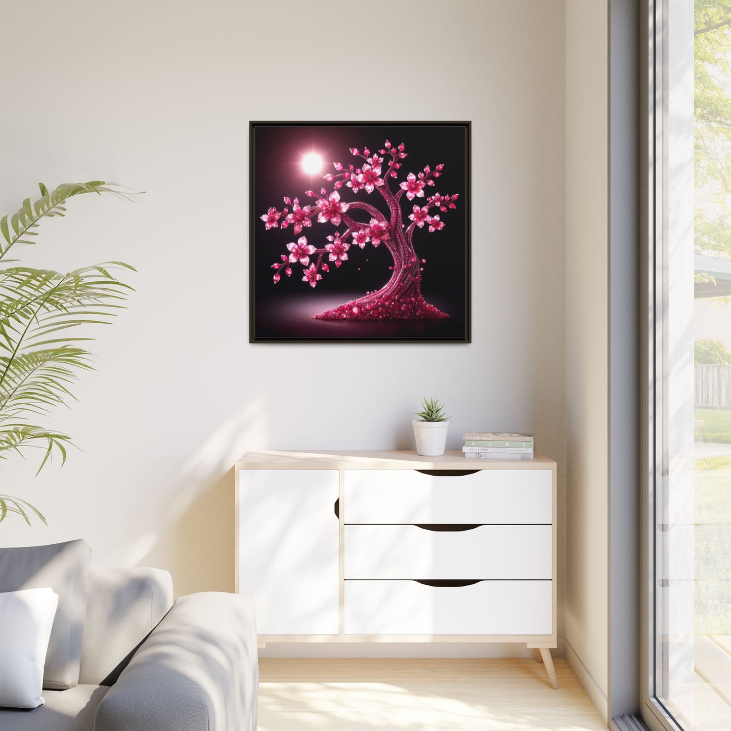 Pink Bejeweled Bonzai Tree Framed Canvas Print Wall Art Unique Nature Lover Asian Art Gift Decor 3 Frame Colors