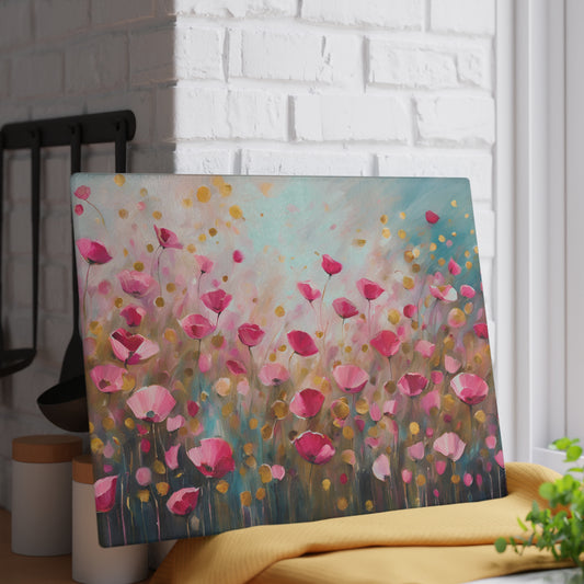 Kitchen Decor Glass Cutting Board Serving Tray with Field of Flowers Pattern Cutting Board Gift for Home Cook Charcuterie Board