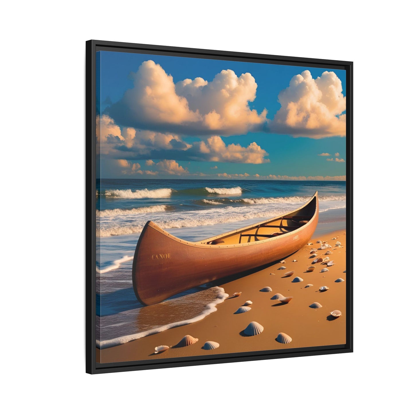 Canoe on the Beach Calm Sunny Day Framed Canvas Wall Art Beach Lover Vacation Oceanic Gift Nature Lover Peaceful Zen Gift 3 frame colors