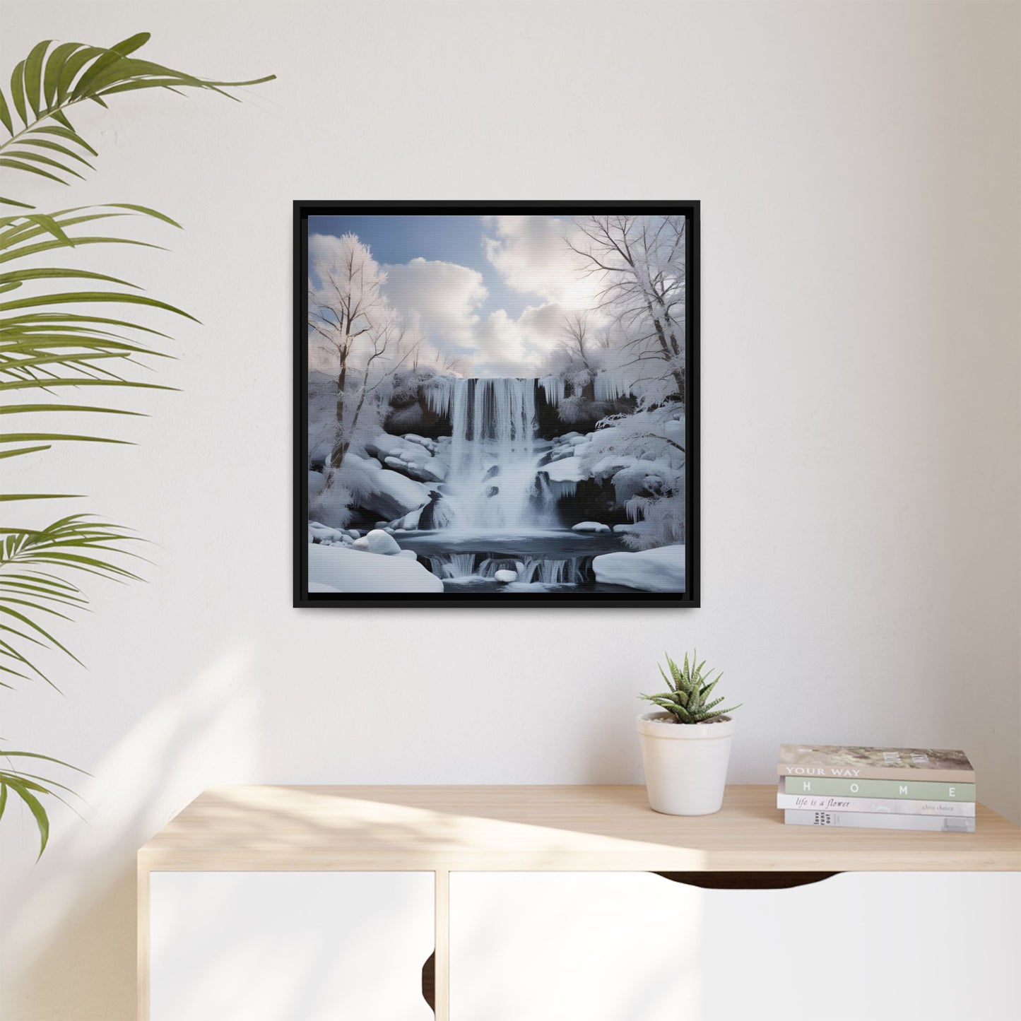 Modern Snowy Waterfall Design Unique Framed Canvas Wall Art Winter Scene Nature Lover Gift Mountain Landscape Decor Gift 3 frame colors