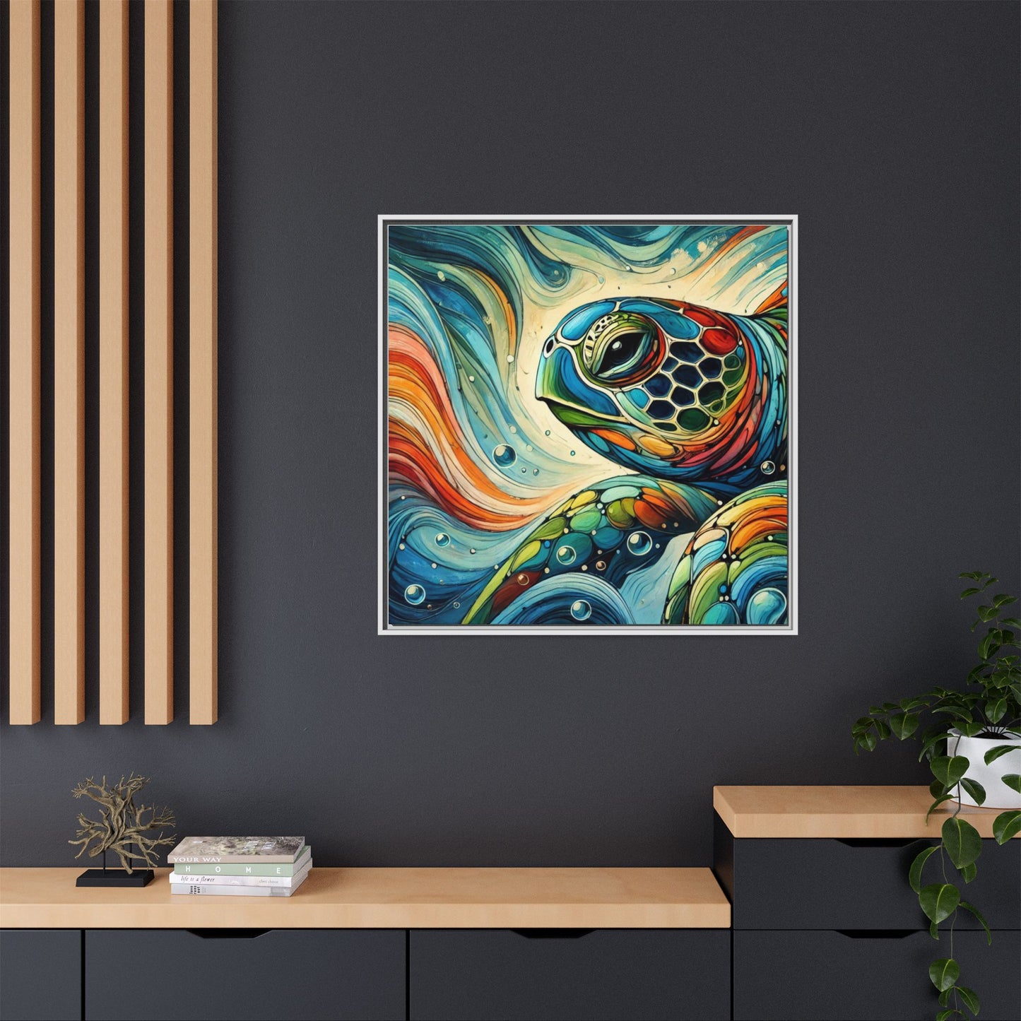 Modern Sea Turtle Print Abstract Design Unique Framed Canvas Print Oceanic Wall Art Animal Lover Gift Nature Lover Decor 3 frame colors