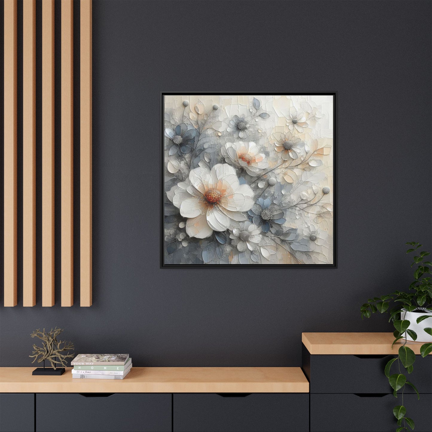 Modern Grey and White Floral Design Unique Framed Canvas Wall Art Flower Lover Gift Nature Lover Gift 3 frame colors