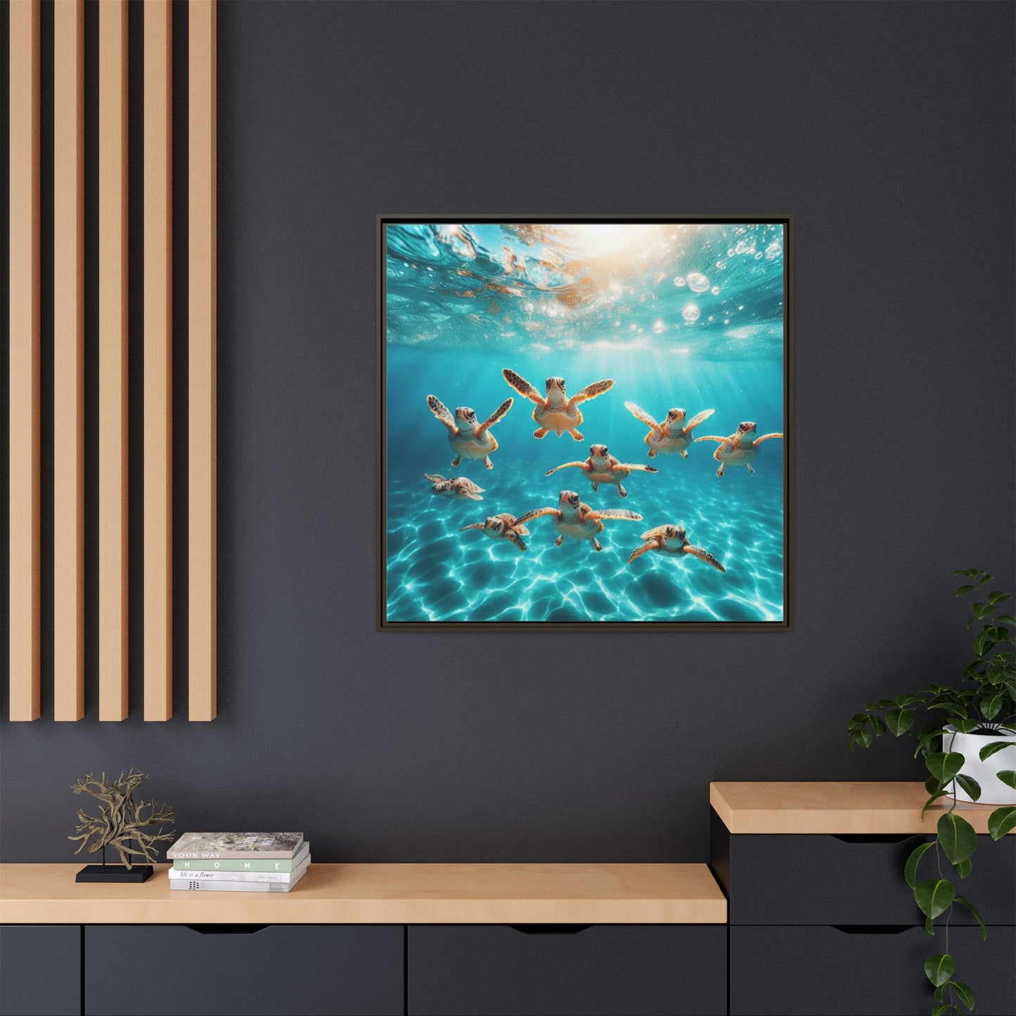 Baby Sea Turtles Out for a Swim Framed Canvas Wall Art Beach Lover Vacation Oceanic Gift Nature Lover Peaceful Zen Gift 3 frame colors