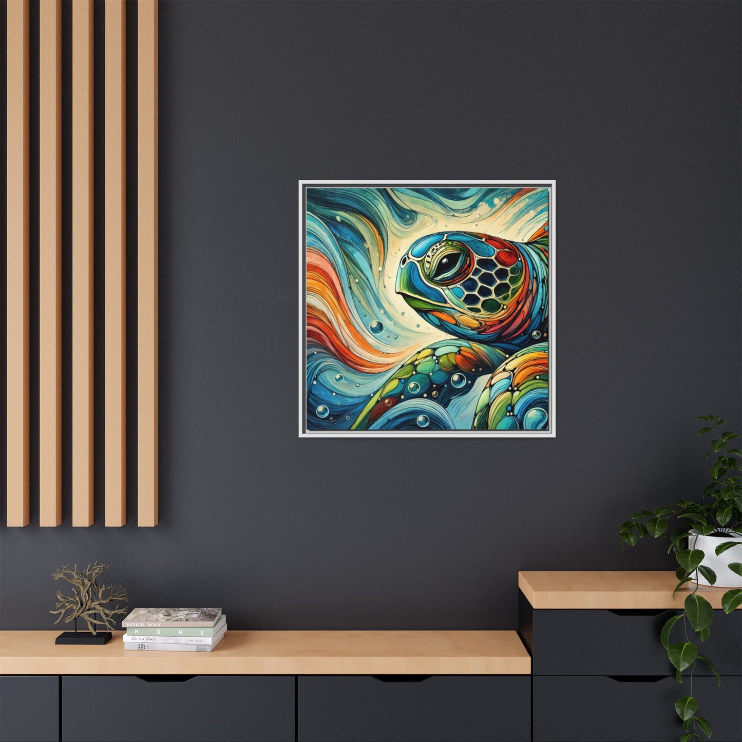 Modern Sea Turtle Print Abstract Design Unique Framed Canvas Print Oceanic Wall Art Animal Lover Gift Nature Lover Decor 3 frame colors