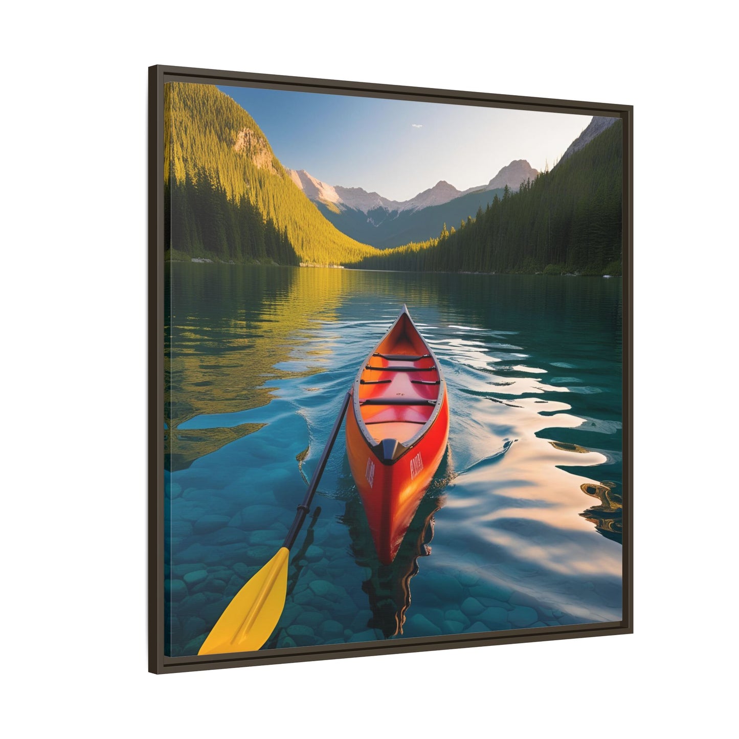 Canoe in the River Framed Canvas Wall Art Mountain Lover Outdoorsman Vacation Kayak Gift Nature Lover Peaceful Zen Gift 3 frame colors