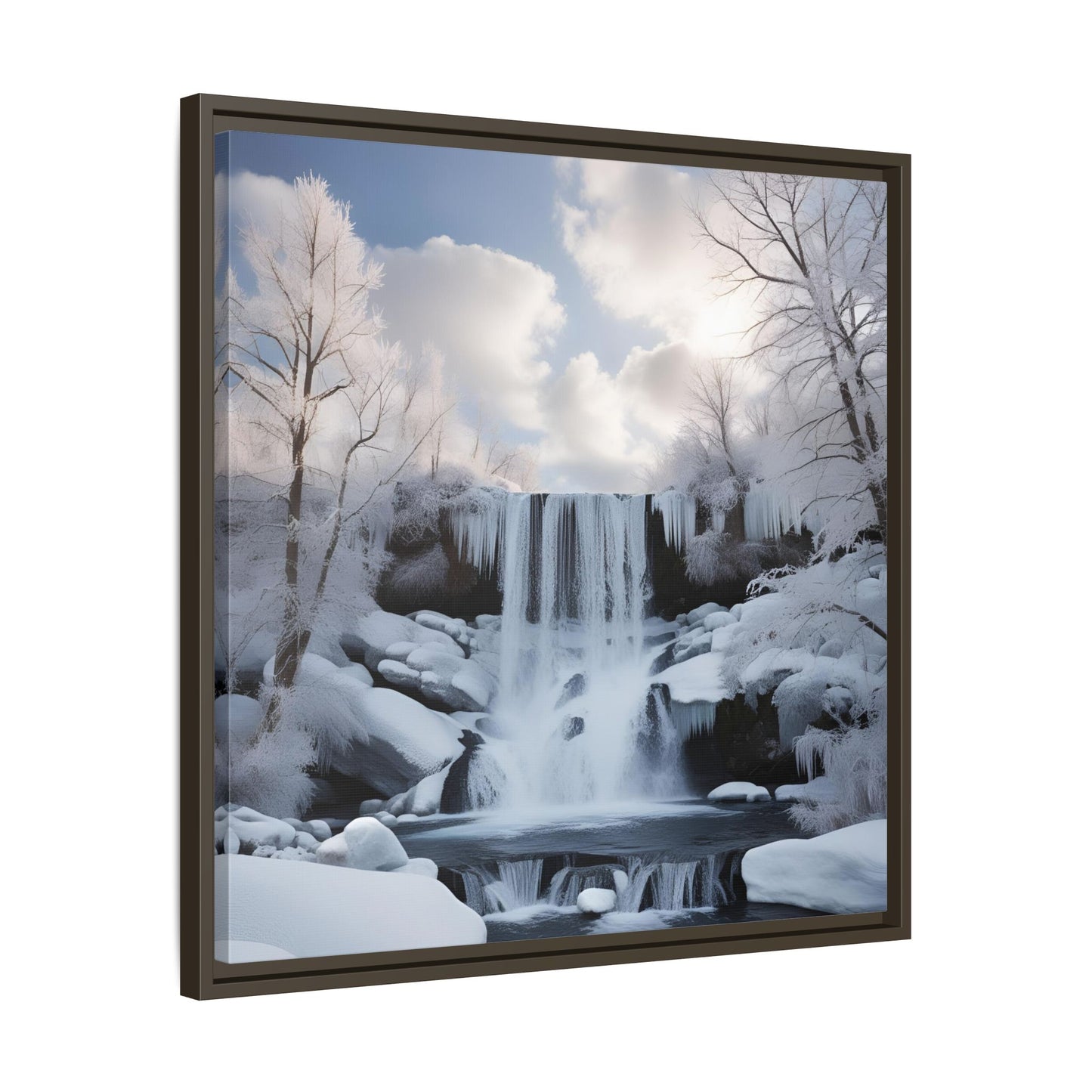 Modern Snowy Waterfall Design Unique Framed Canvas Wall Art Winter Scene Nature Lover Gift Mountain Landscape Decor Gift 3 frame colors