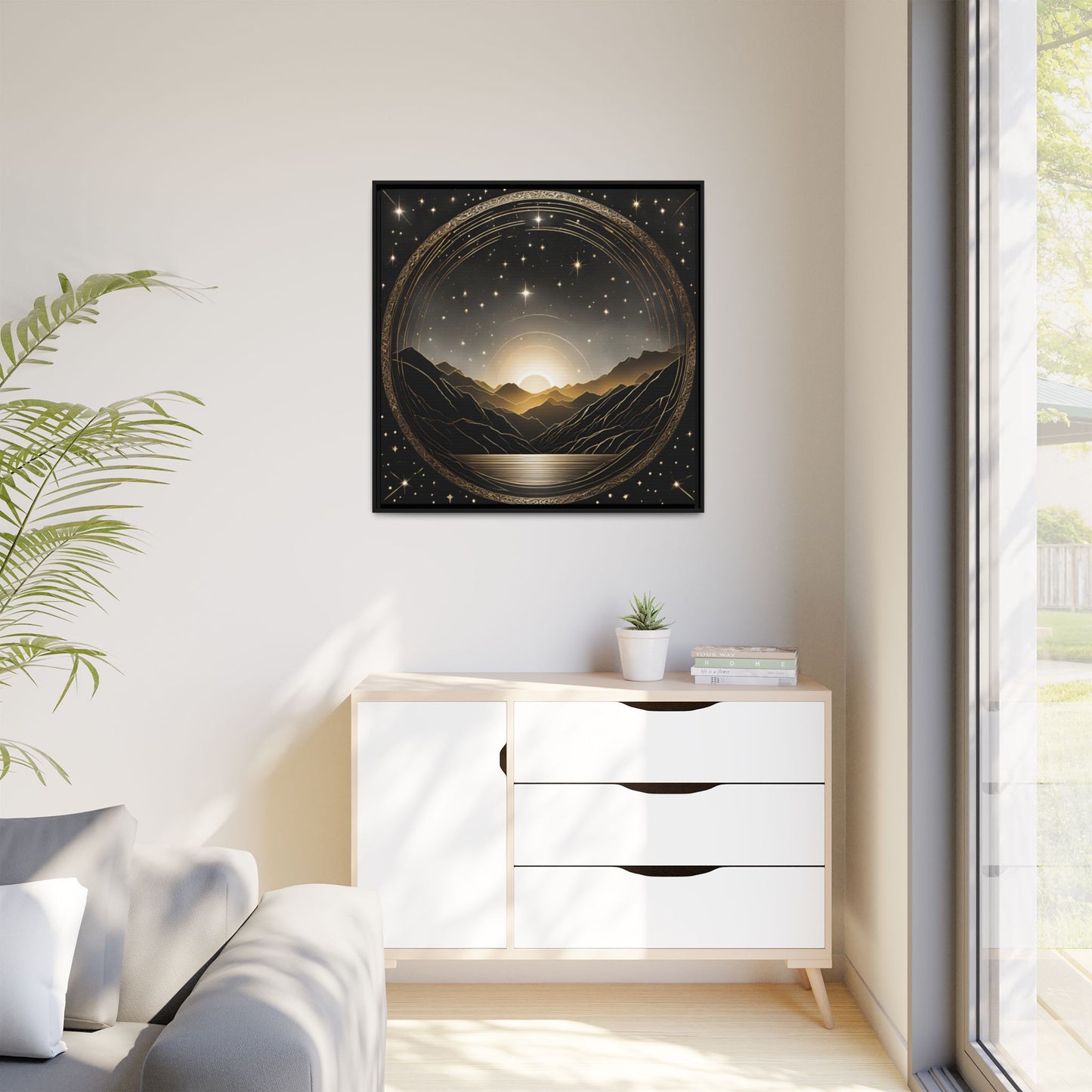 Boho Celestial Design Unique Framed Canvas Wall Art Sun and Stars Astrological Gift Nature Lover Gift Astronomy Gift 3 frame color choices