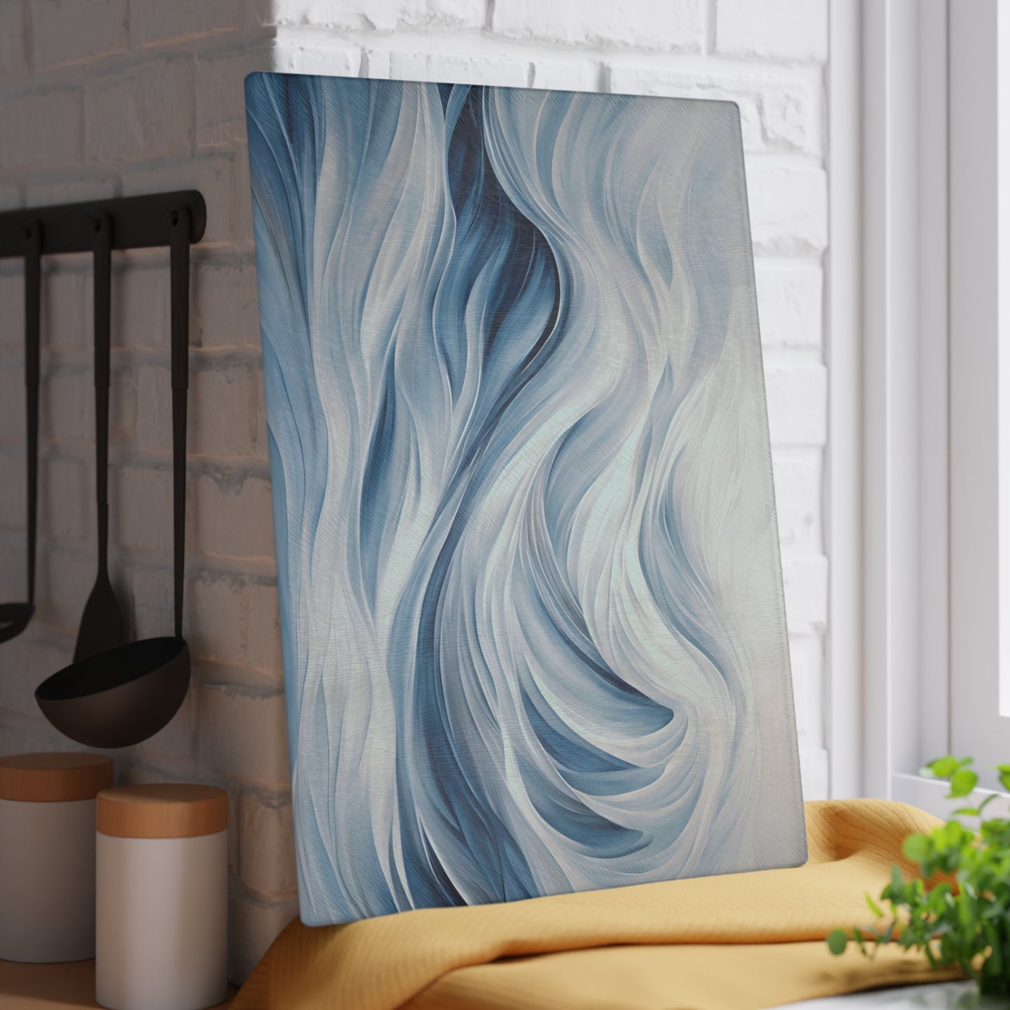 Kitchen Decor Glass Cutting Board Serving Tray with Ocean Waves Pattern Beachy Cutting Board Gift for Home Cook Charcuterie Board