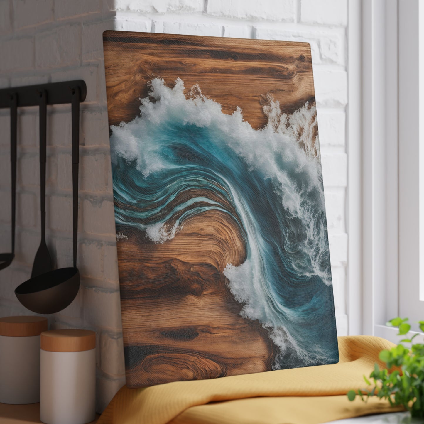Beachy Kitchen Decor Glass Cutting Board Serving Tray with Wave Design Cutting Board Gift for Home Cook Fun Charcuterie Board