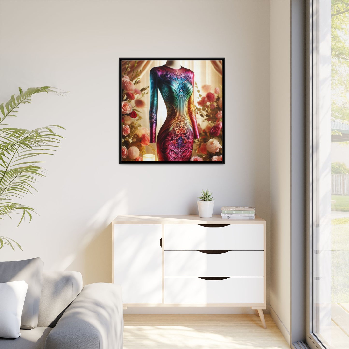 Futuristic Bodycon Runway Dress Framed Canvas Print Wall Art Unique Fashion Designer Style Haute Couture Fashionista Gift 3 Frame Colors