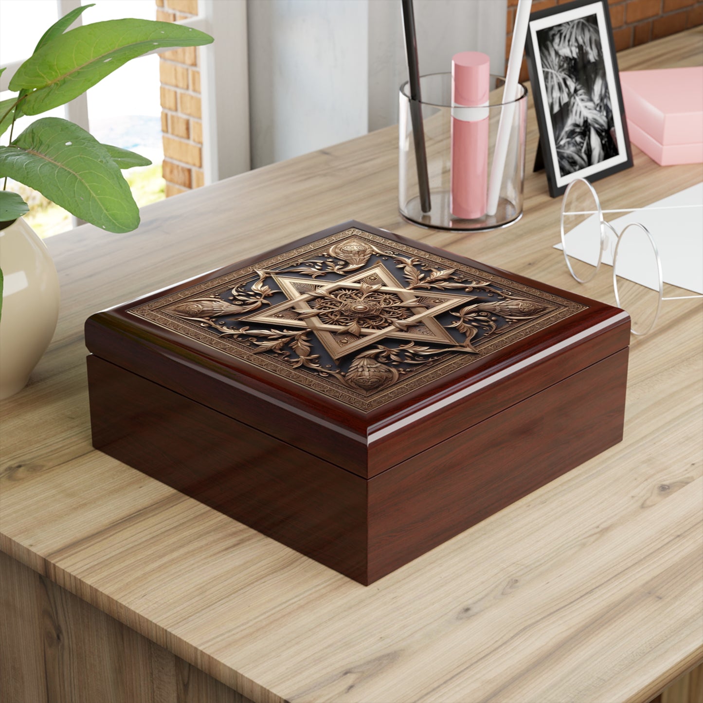 Elegant Star of David Wood Jewelry Box Handcrafted Holiday Trinket Rustic Keepsake Gift for Him Her Festive Vanity Storage Hanukkah Decor