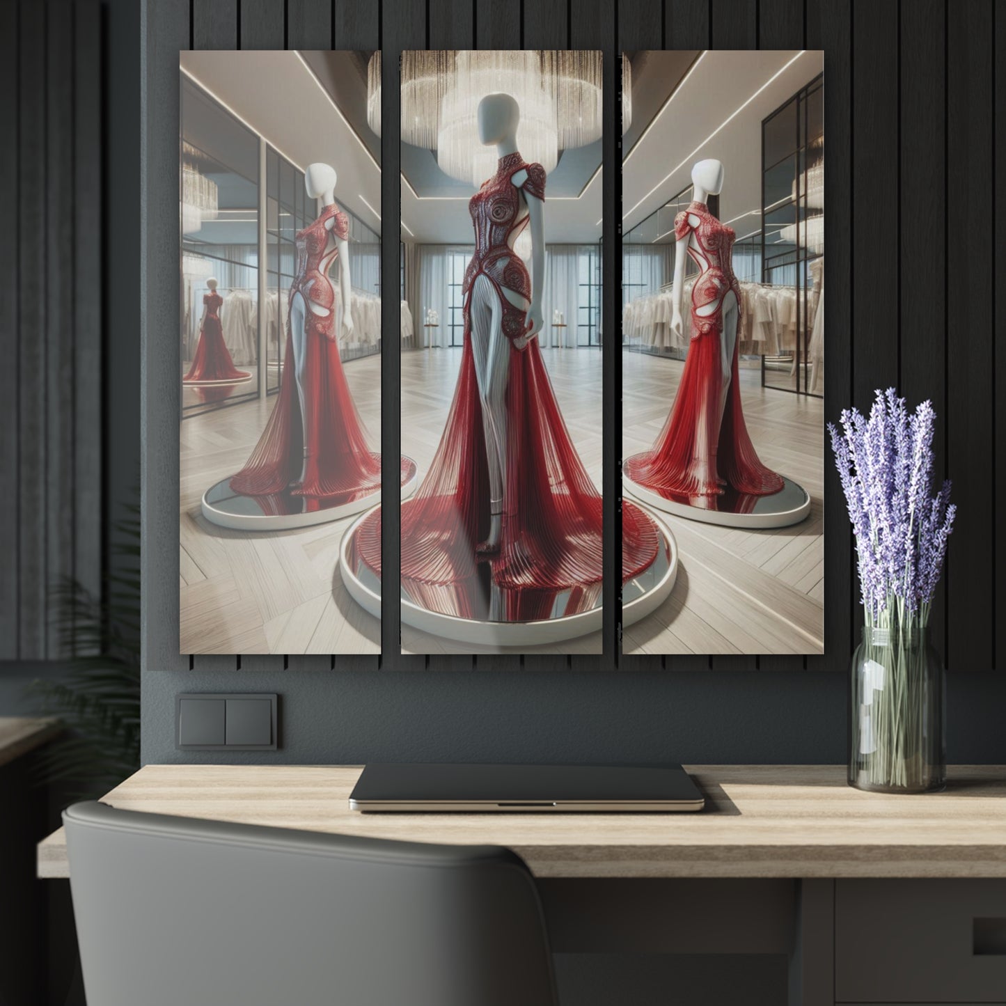Modern Futuristic Fashion Dress Design Triptych 3-Panel Acrylic Print Wall Art Unique Haute Couture Fashionista Fantasy Style Decor
