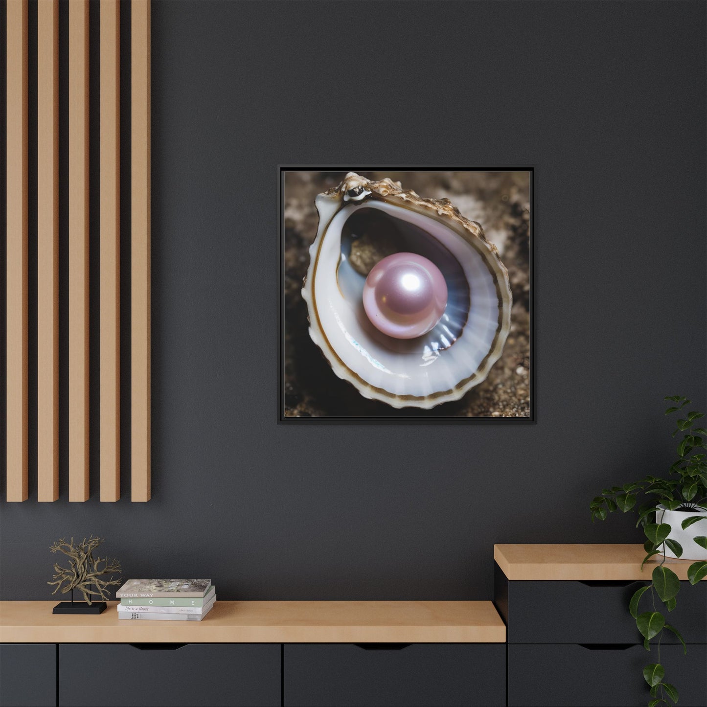 Pink Pearl in Oyster Shell Framed Canvas Wall Art Beach Lover Vacation Oceanic Gift Nature Lover Peaceful Zen Gift 3 frame colors