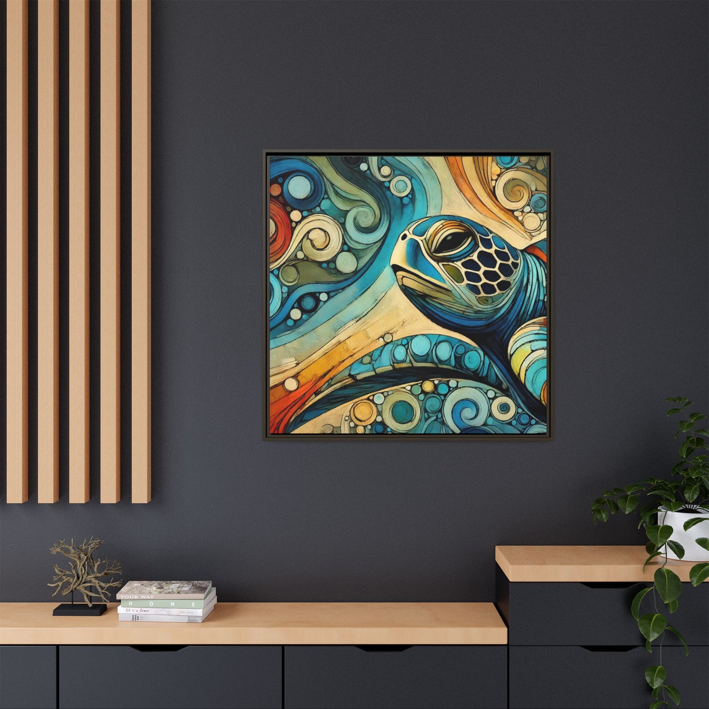 Modern Sea Turtle Print Abstract Design Unique Framed Canvas Print Oceanic Wall Art Animal Lover Gift Nature Lover Decor 3 frame colors