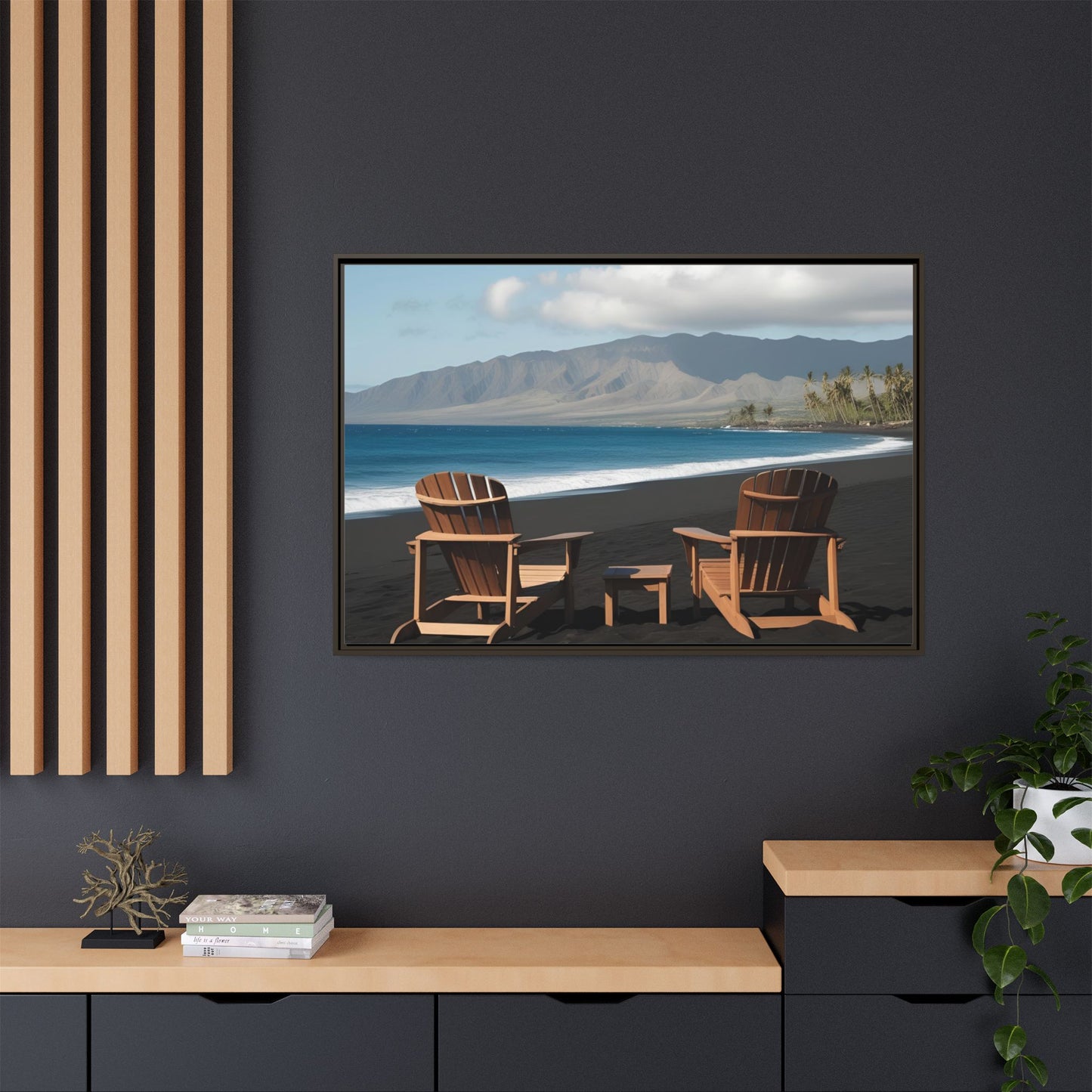 Chairs on the Maui Black Sand Beach Print Unique Framed Canvas Print Wall Art Gift Beachy Nature Lover Ocean Waves Decor 3 frame colors
