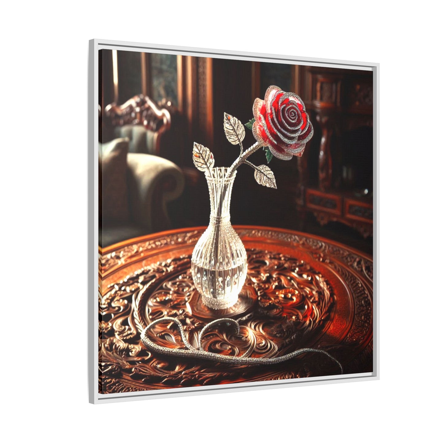 Bejeweled Red Rose Framed Canvas Print Wall Art Unique Fashion Designer Haute Couture Fashionista Flower Lover Gift Decor 3 Frame Colors