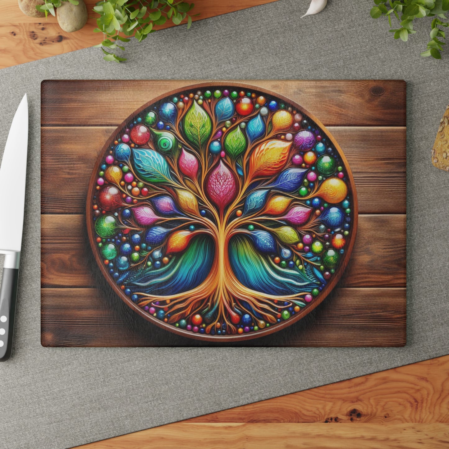Kitchen Decor Glass Cutting Board Serving Tray with Tree of Life Design Cutting Board Gift for Home Cook Glass Charcuterie Board