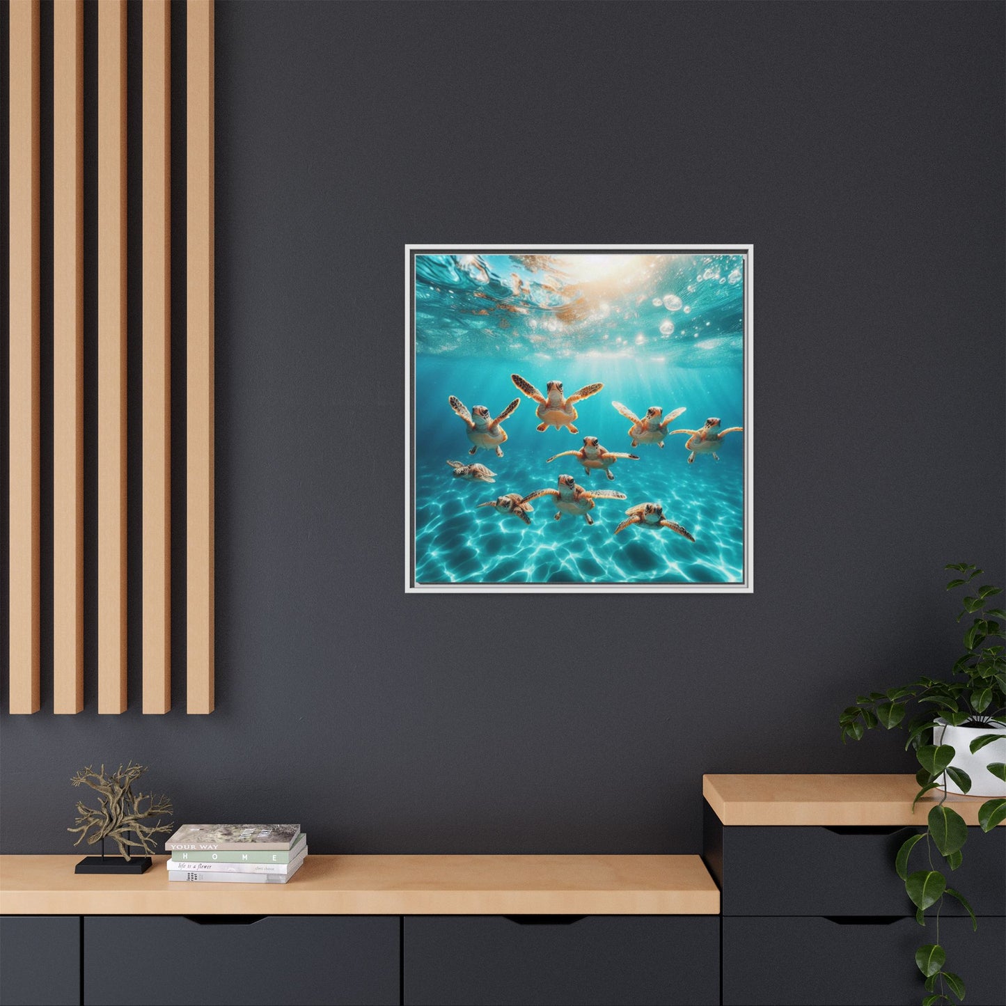 Baby Sea Turtles Out for a Swim Framed Canvas Wall Art Beach Lover Vacation Oceanic Gift Nature Lover Peaceful Zen Gift 3 frame colors
