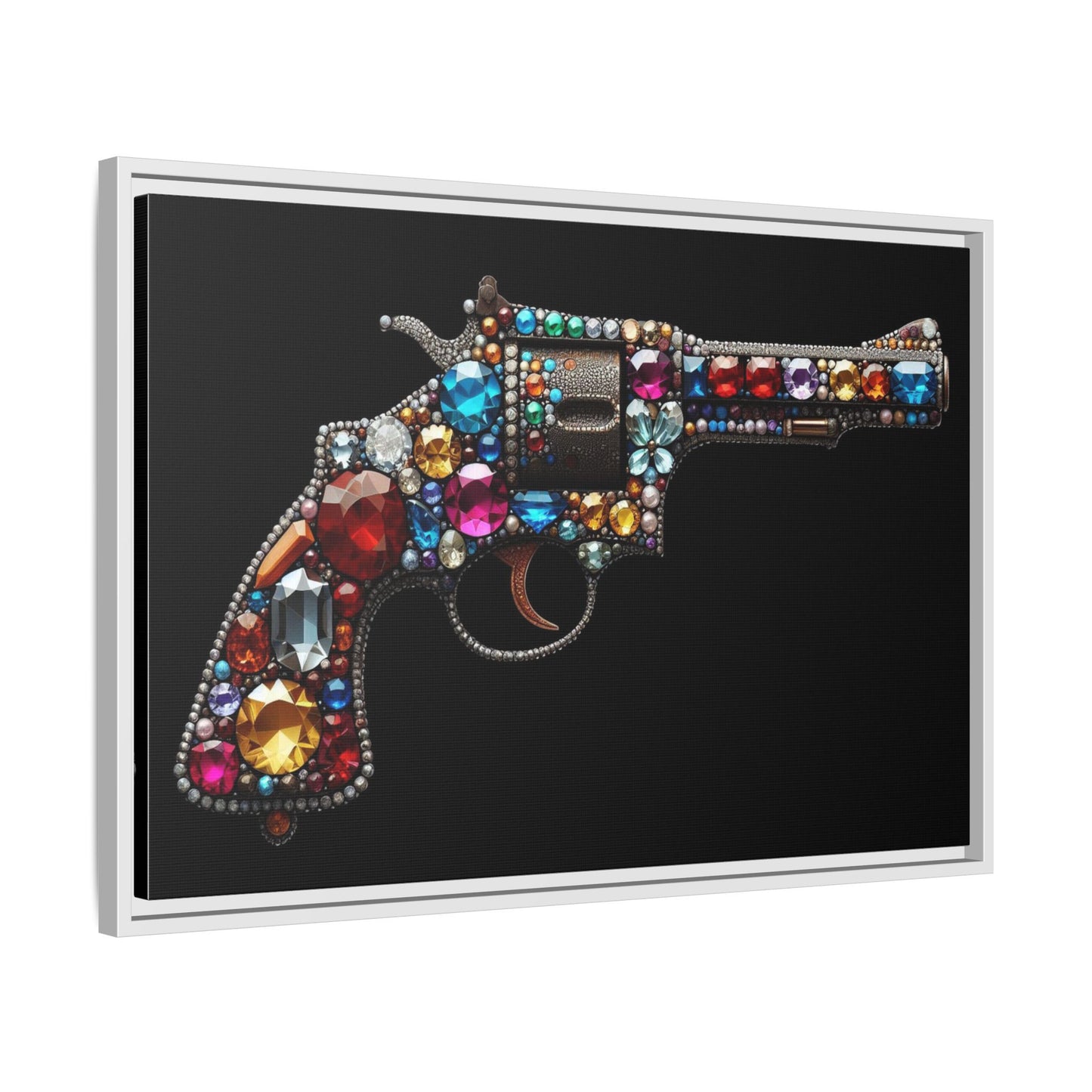 Bejeweled Revolver Print AI Design Unique Framed Canvas Print Wall Art Gun Lover Gift Edgy Glam Fantasy Weapon Decor 3 frame colors