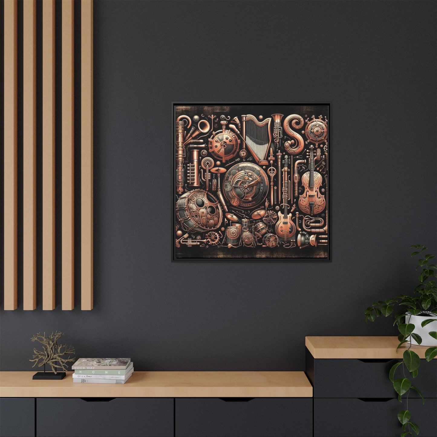 Modern Music-Themed Steampunk Style Print Abstract Design Unique Framed Canvas Print Wall Art Music Lover Gift Decor 3 frame colors