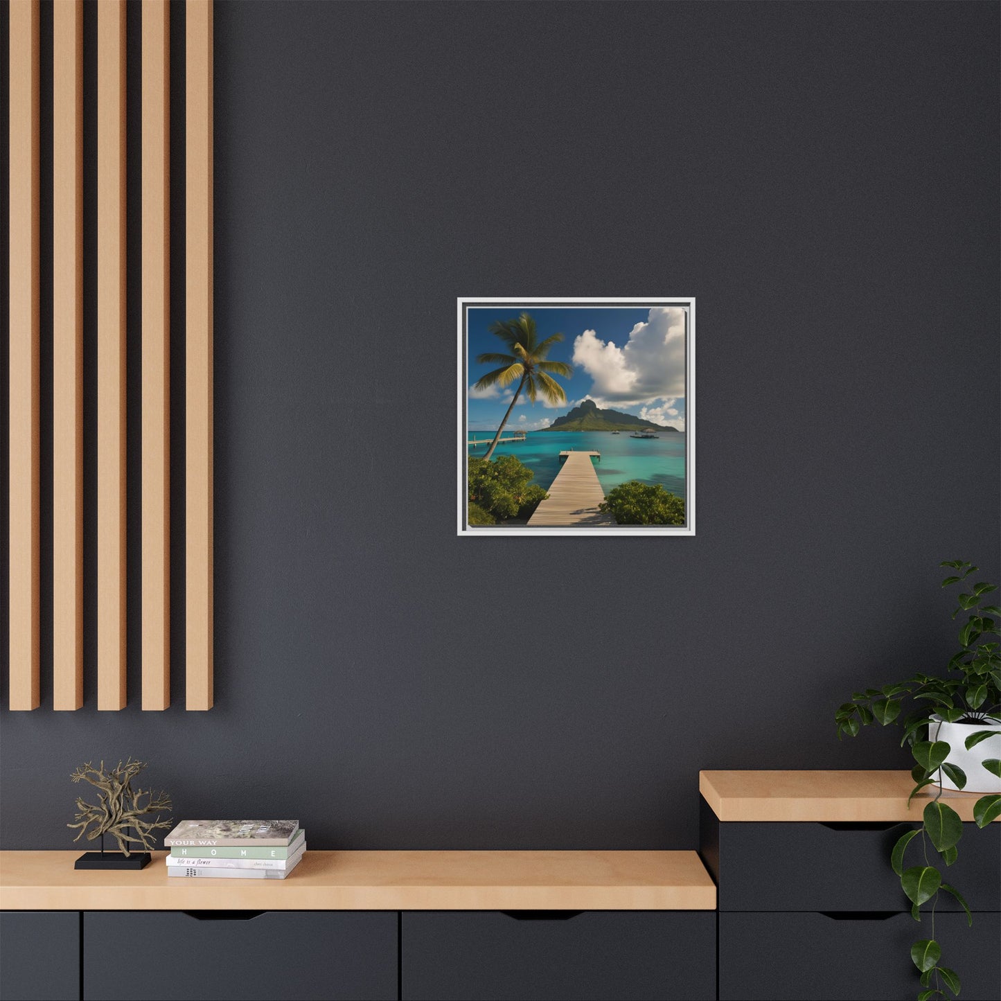 Tropical Island Calm Sunny Day Framed Canvas Wall Art Volcano Beach Vacation Oceanic Gift Nature Lover Peaceful Zen Gift 3 frame colors