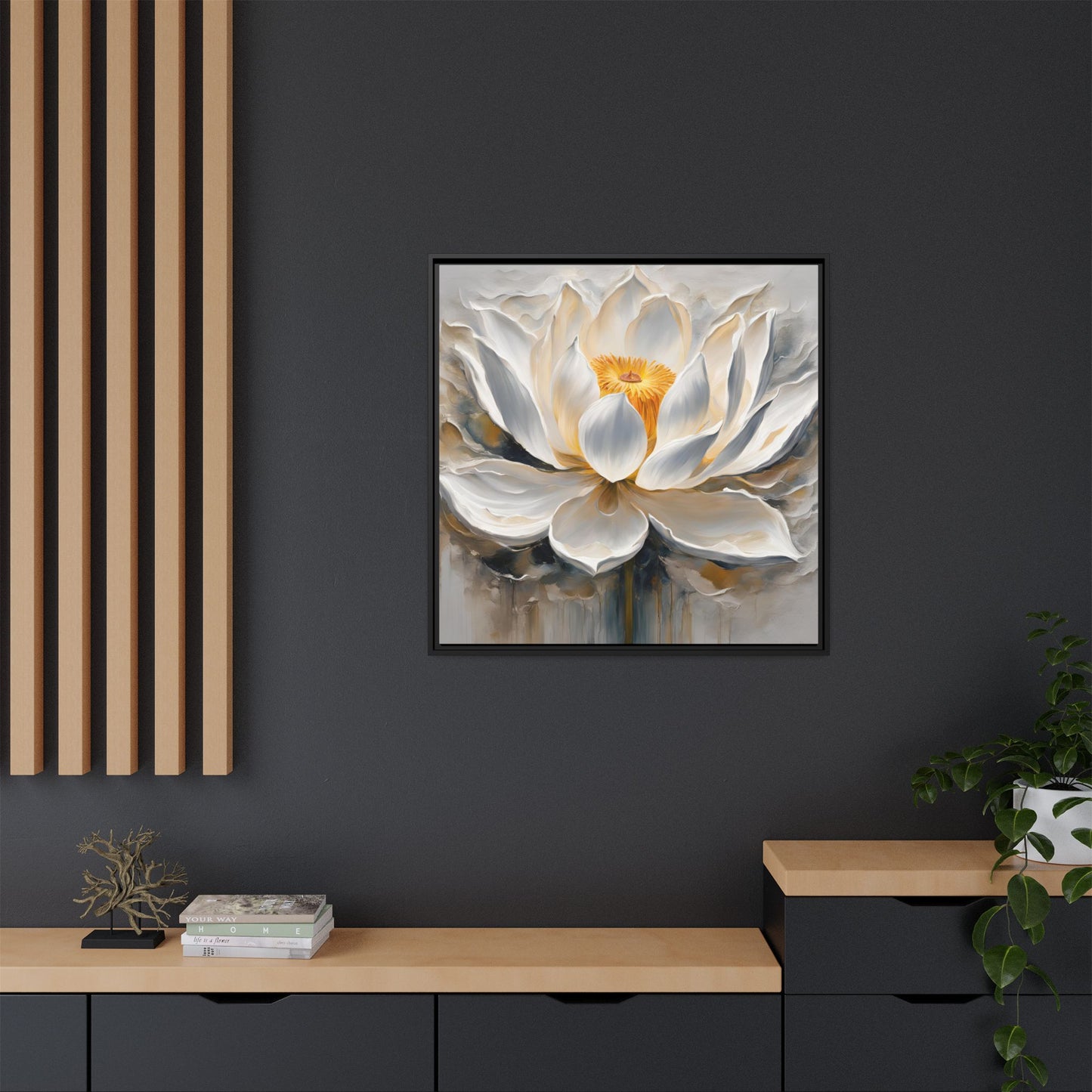 Modern Abstract Floral Design Unique Framed Canvas Wall Art White Lotus Gift Nature Lover Gift Garden Lover Gift 3 frame colors