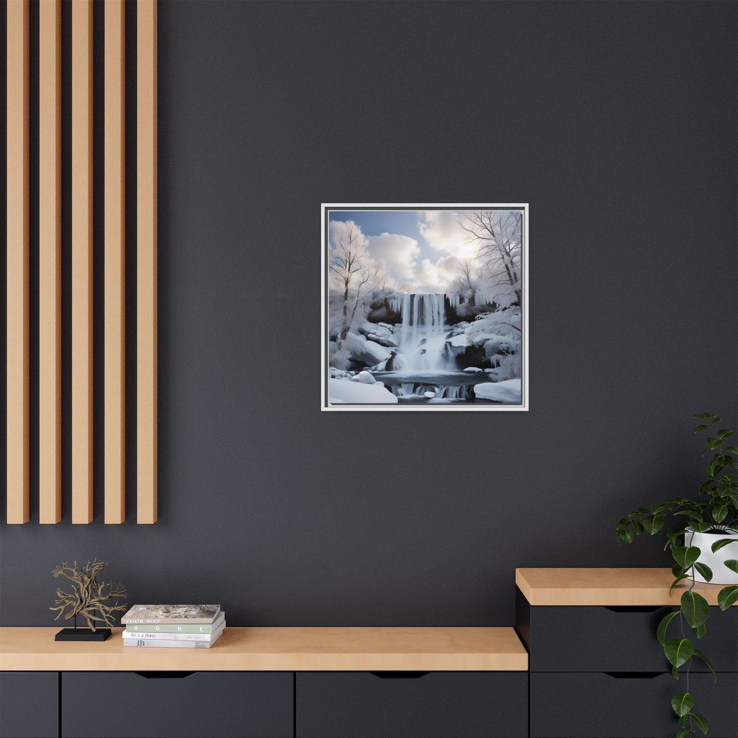 Modern Snowy Waterfall Design Unique Framed Canvas Wall Art Winter Scene Nature Lover Gift Mountain Landscape Decor Gift 3 frame colors