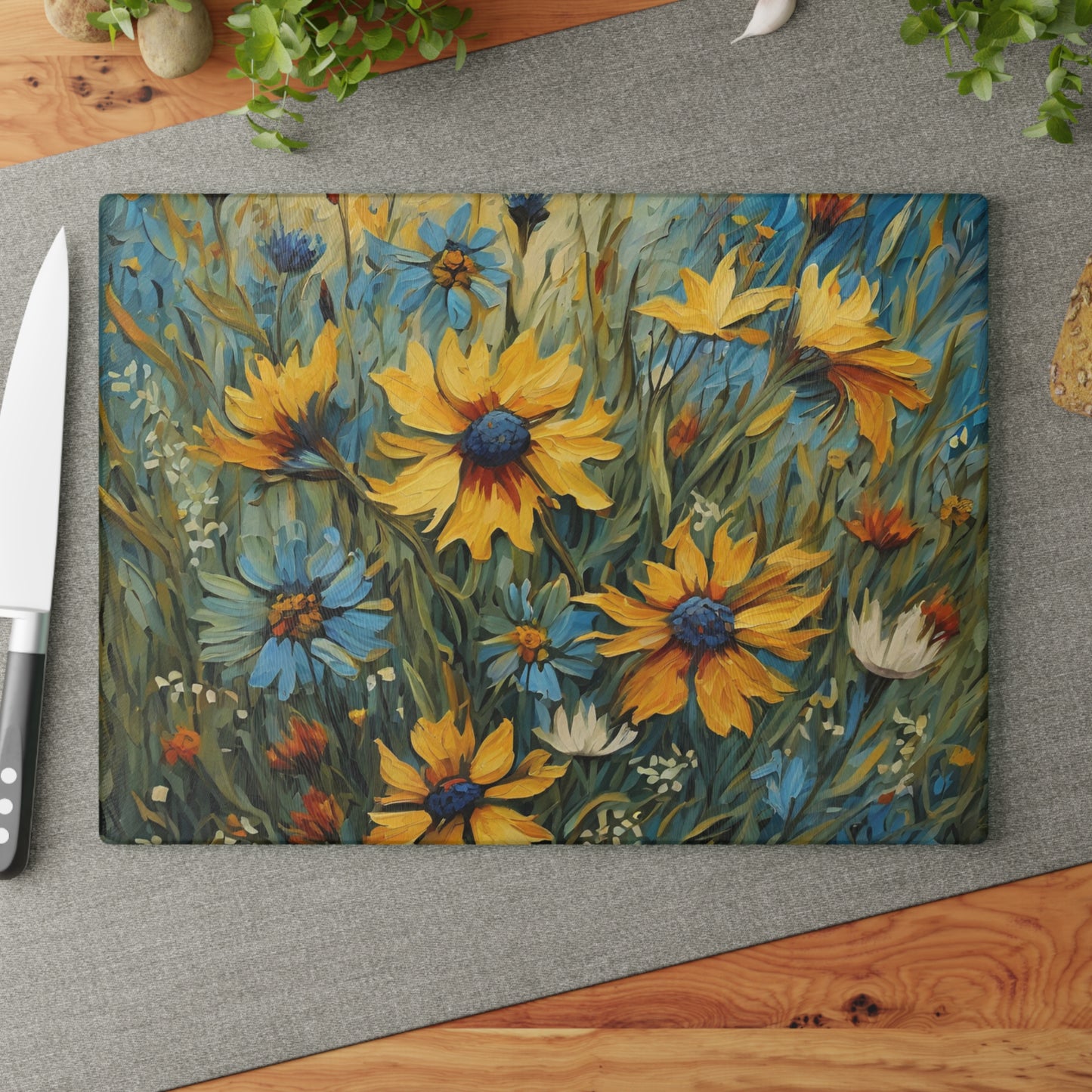 Kitchen Decor Glass Cutting Board Serving Tray with Daisy Design Pattern Cutting Board Gift for Home Cook Charcuterie Board
