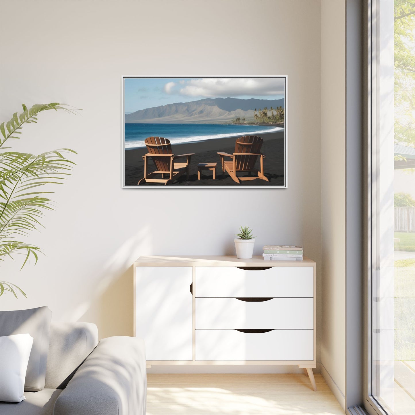 Chairs on the Maui Black Sand Beach Print Unique Framed Canvas Print Wall Art Gift Beachy Nature Lover Ocean Waves Decor 3 frame colors