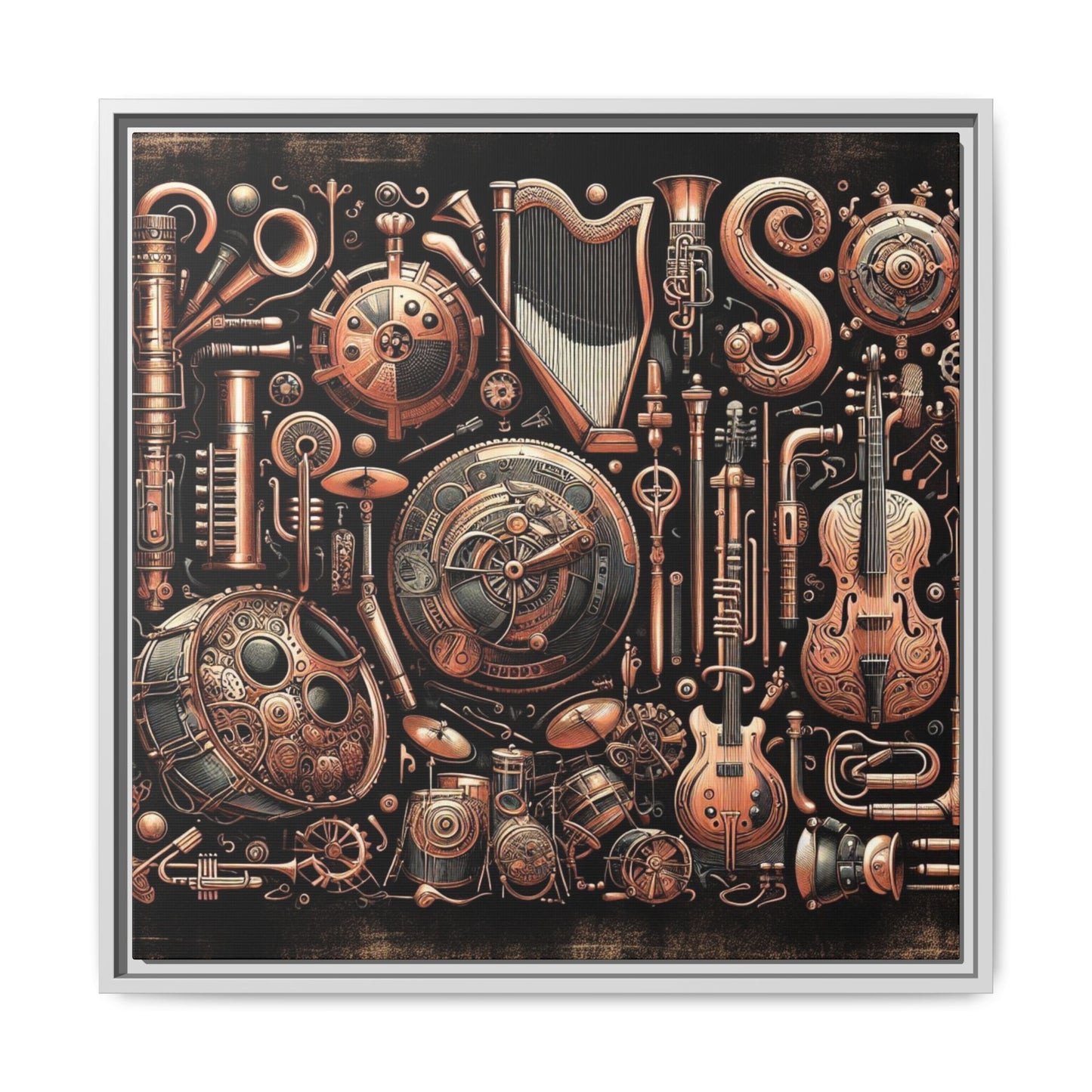 Modern Music-Themed Steampunk Style Print Abstract Design Unique Framed Canvas Print Wall Art Music Lover Gift Decor 3 frame colors