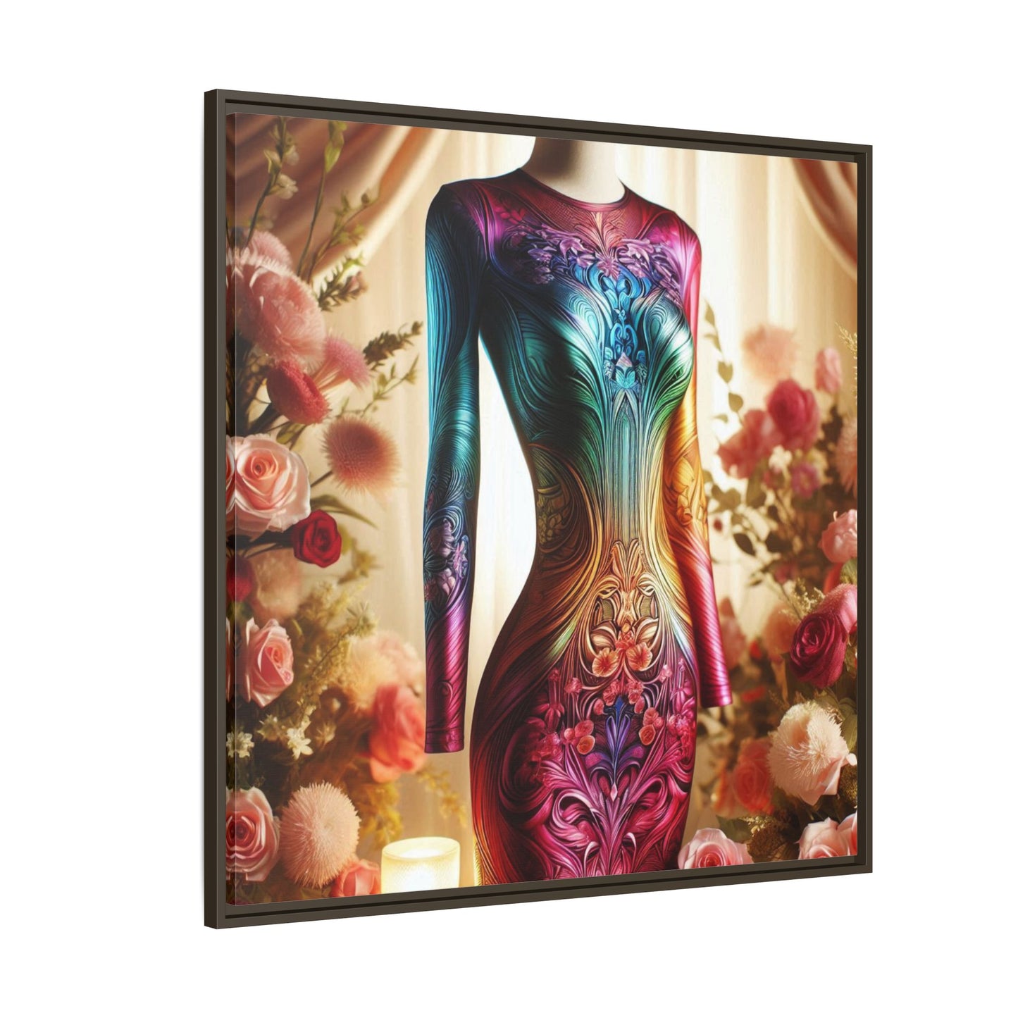 Futuristic Bodycon Runway Dress Framed Canvas Print Wall Art Unique Fashion Designer Style Haute Couture Fashionista Gift 3 Frame Colors
