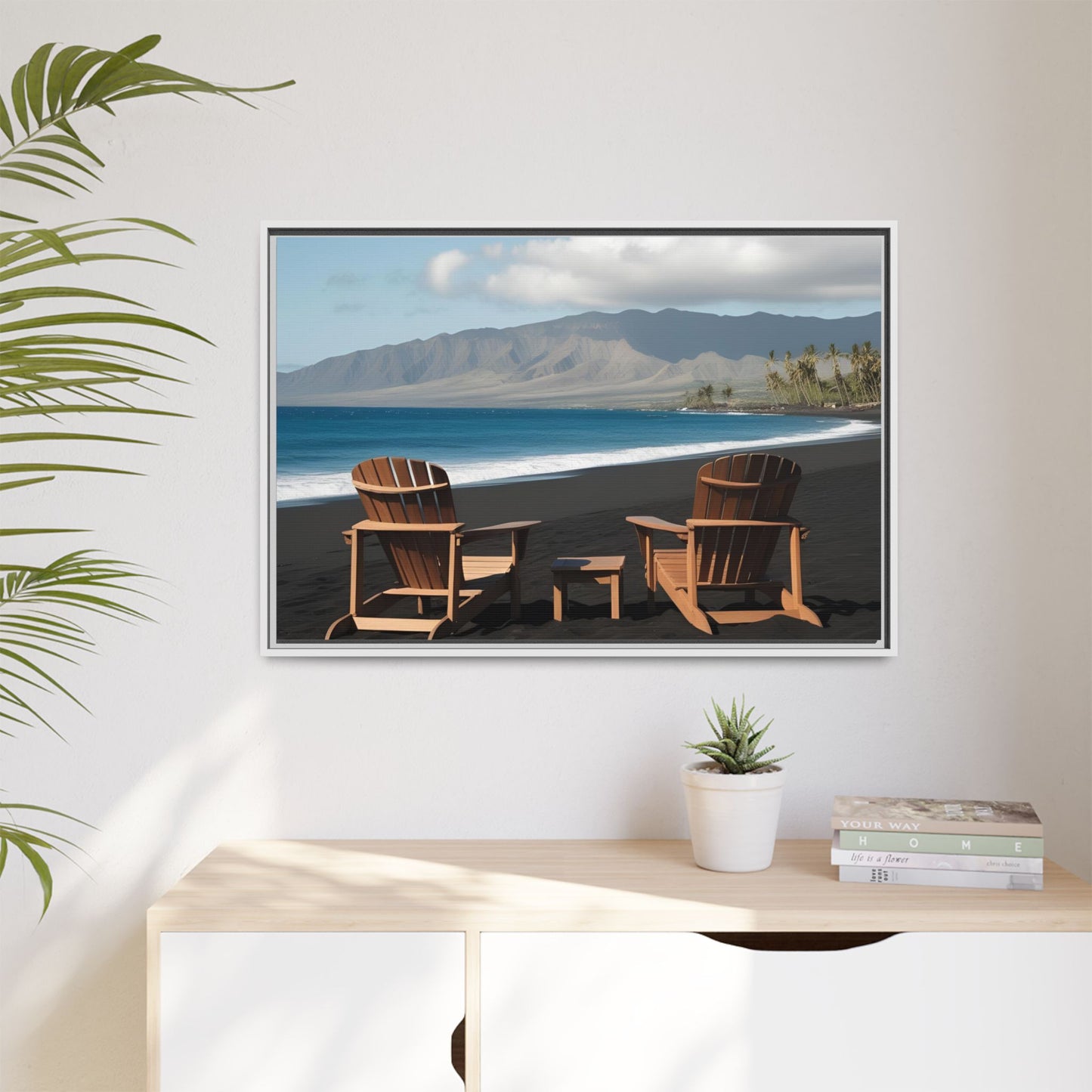 Chairs on the Maui Black Sand Beach Print Unique Framed Canvas Print Wall Art Gift Beachy Nature Lover Ocean Waves Decor 3 frame colors
