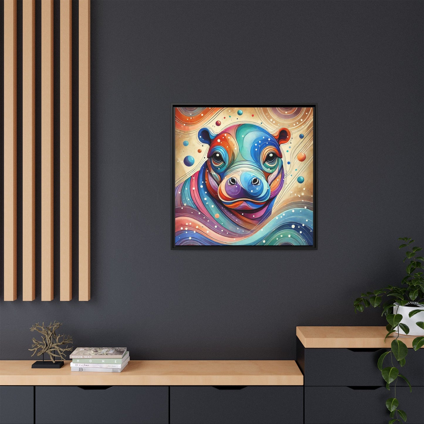 Modern Hippo Print Abstract Design Unique Framed Canvas Print Baby Hippo Wall Art Animal Lover Gift Nature Lover Decor 3 frame colors