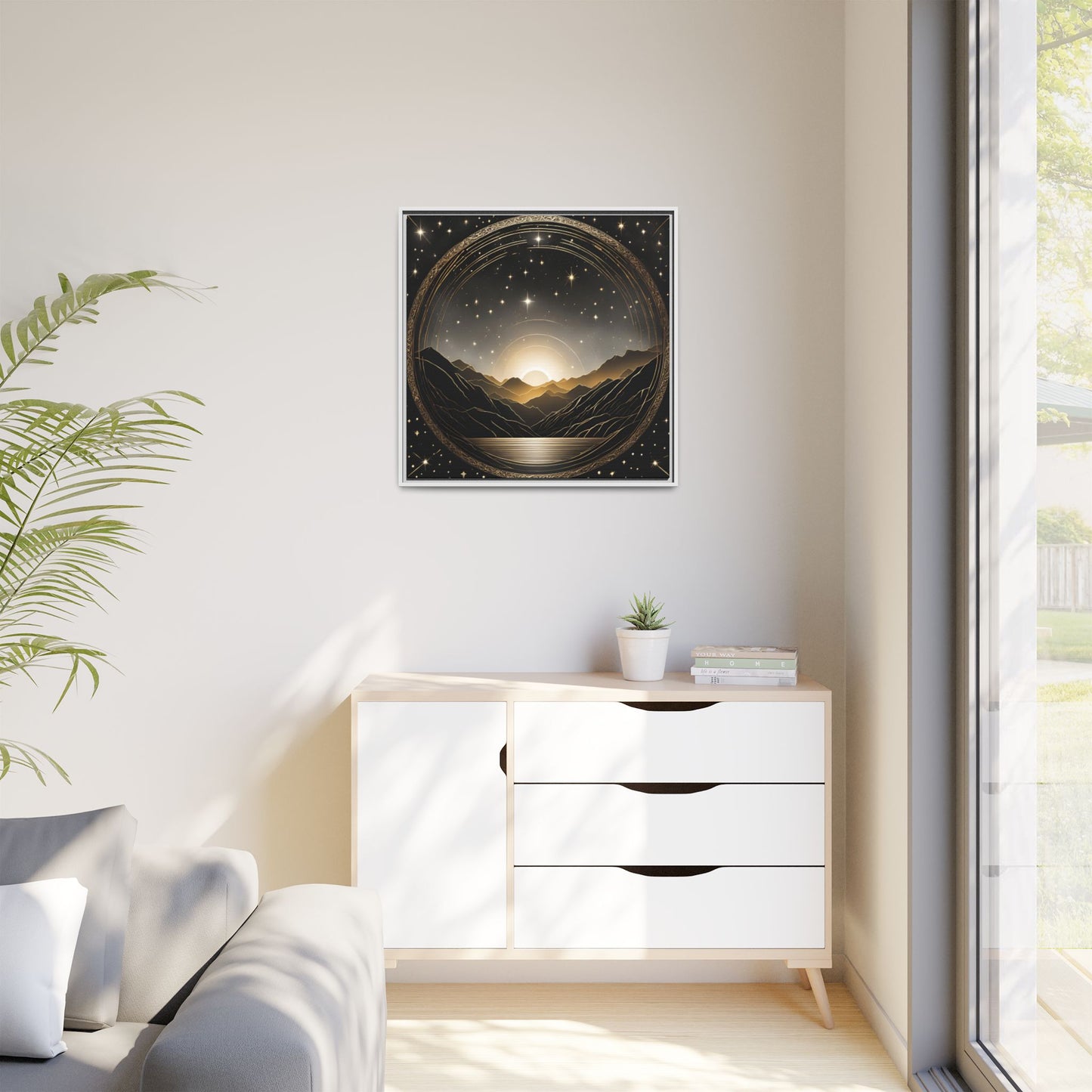 Boho Celestial Design Unique Framed Canvas Wall Art Sun and Stars Astrological Gift Nature Lover Gift Astronomy Gift 3 frame color choices