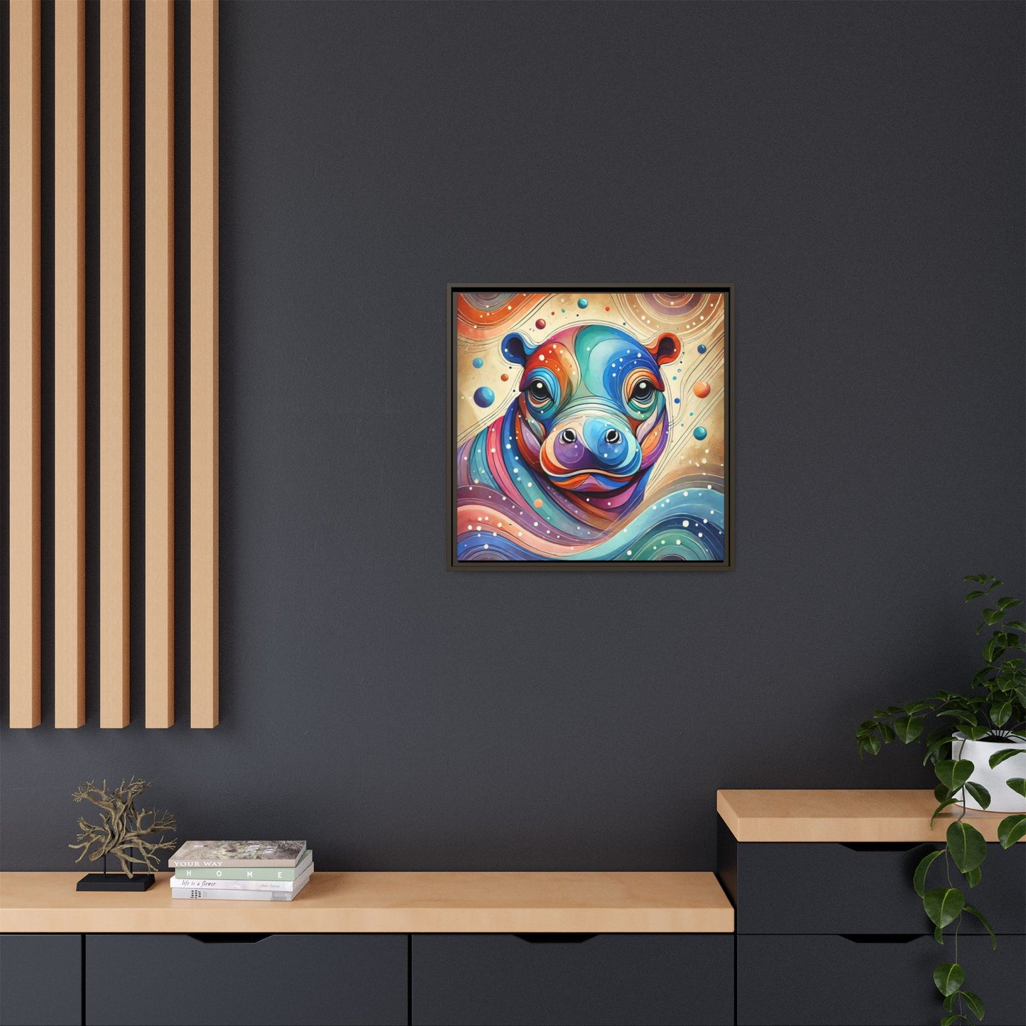 Modern Hippo Print Abstract Design Unique Framed Canvas Print Baby Hippo Wall Art Animal Lover Gift Nature Lover Decor 3 frame colors