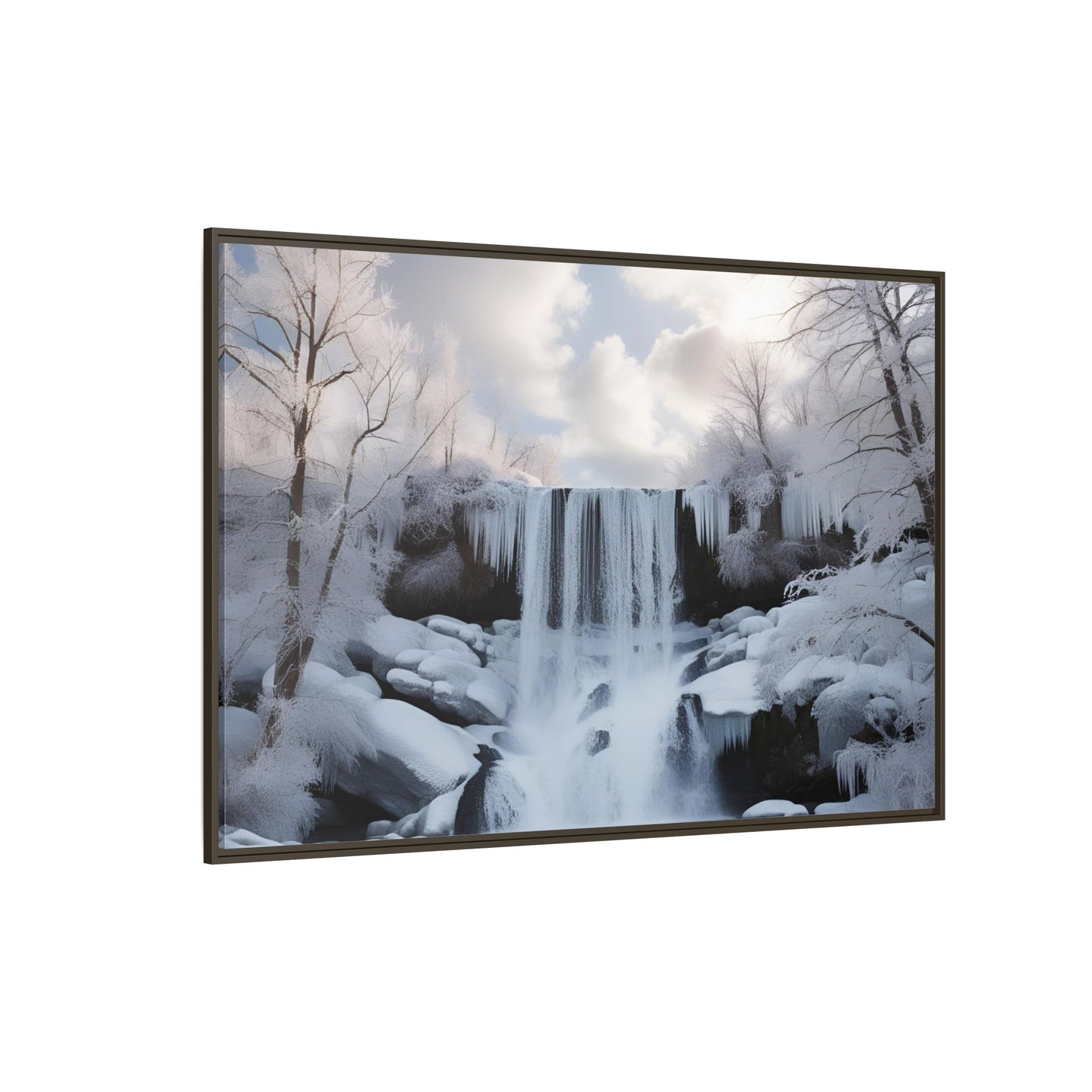 Modern Snowy Waterfall Design Unique Framed Canvas Wall Art Winter Scene Nature Lover Gift Mountain Landscape Decor Gift 3 frame colors