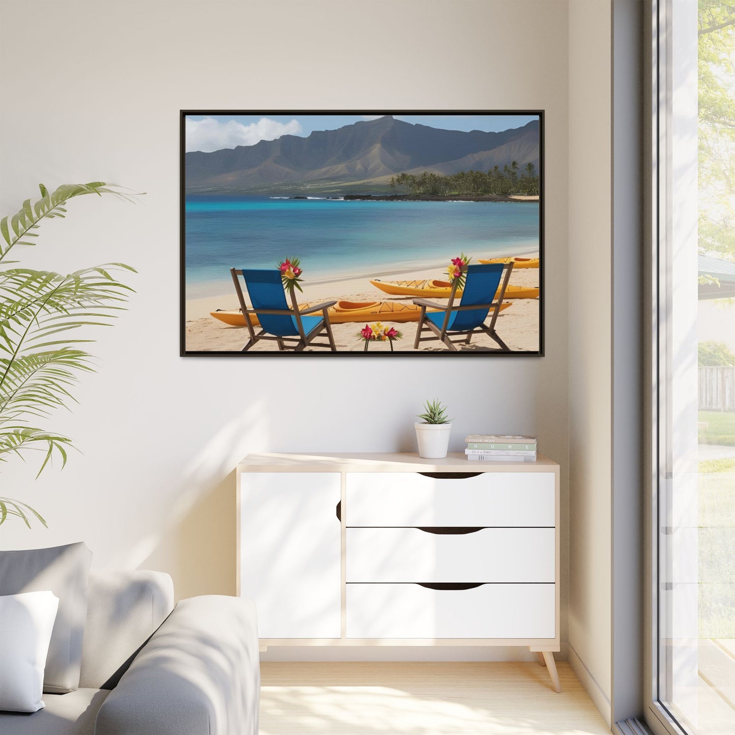 Chairs on the Beach Print Unique Framed Canvas Print Wall Art Gift Beachy Nature Lover Ocean Waves Hawaiian Vacation Decor 3 frame colors