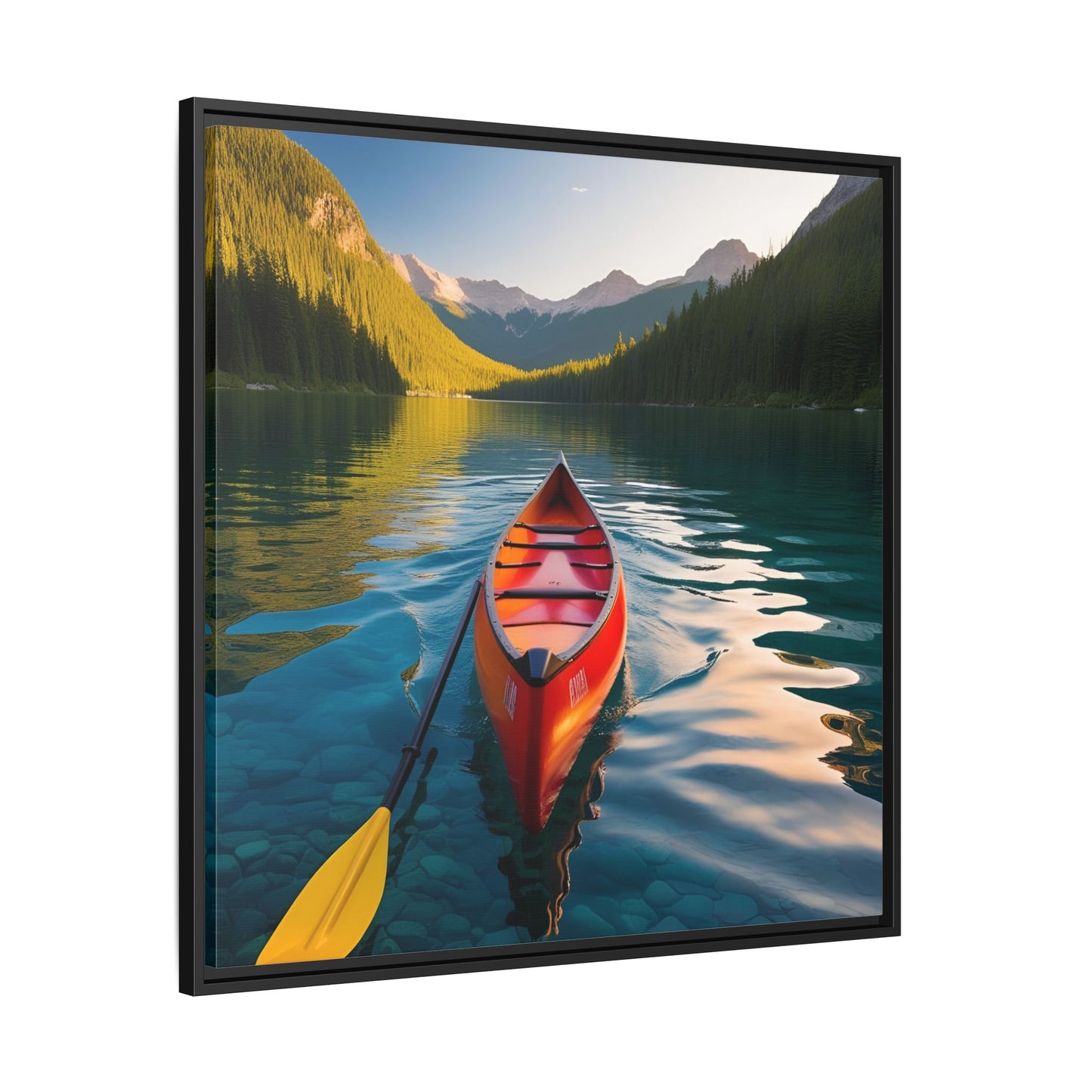 Canoe in the River Framed Canvas Wall Art Mountain Lover Outdoorsman Vacation Kayak Gift Nature Lover Peaceful Zen Gift 3 frame colors