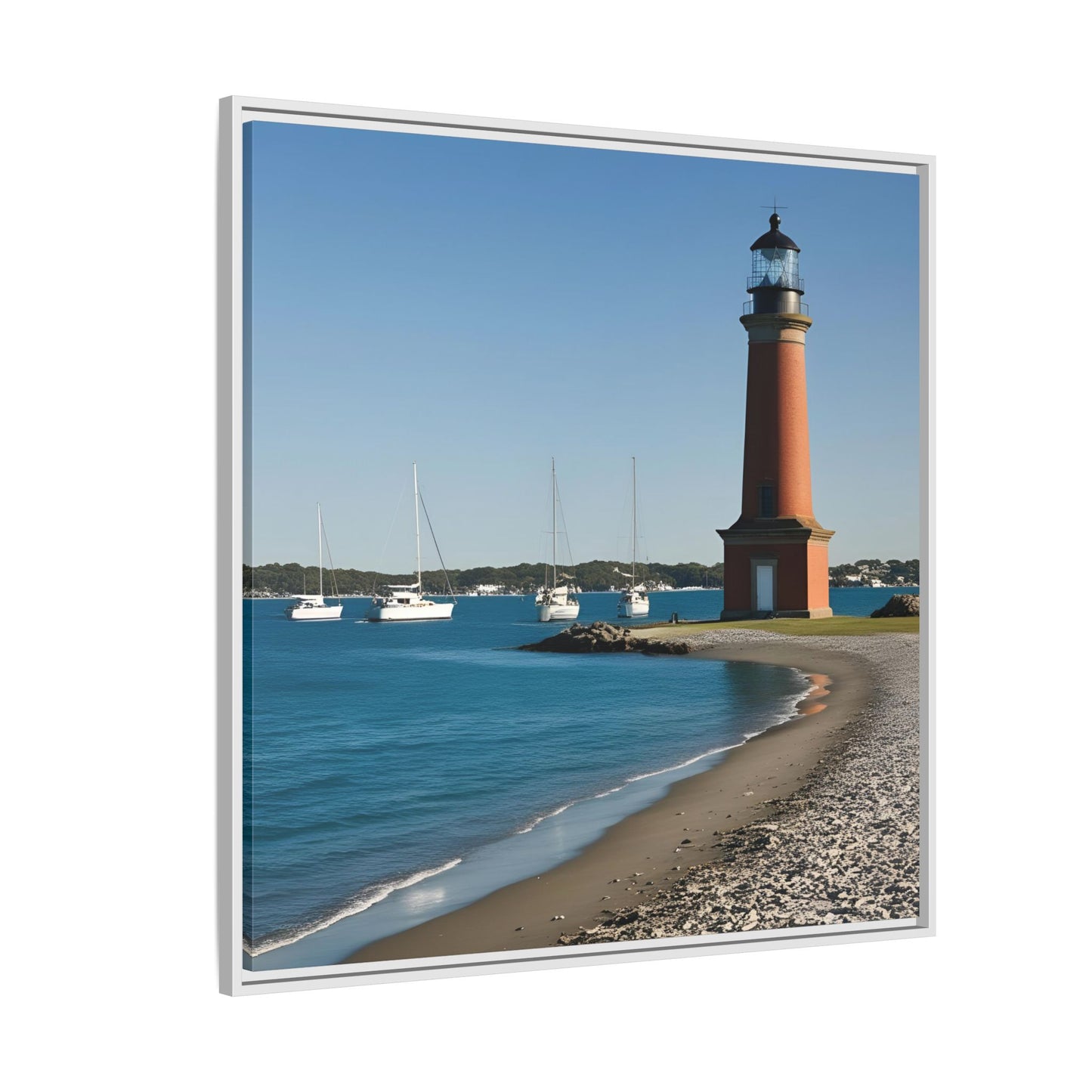 Lighthouse on the Beach Unique Framed Canvas Print Wall Art Nature Lover Gift Beachy Sailboats in the Ocean Vacation Decor 3 frame colors