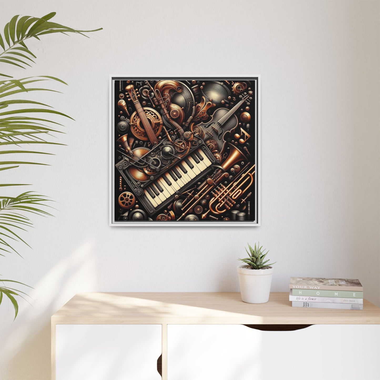 Modern Music-Themed Steampunk Style Print Abstract Design Unique Framed Canvas Print Wall Art Music Lover Gift Decor 3 frame colors