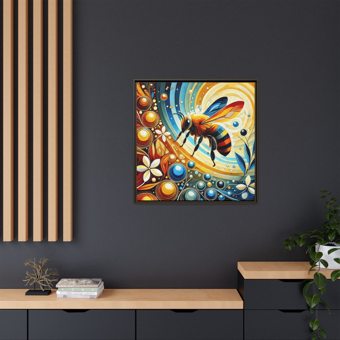 Modern Bee Print Abstract Design Unique Framed Canvas Print Insect Lover Wall Art Animal Lover Nature Lover Decor 3 frame colors