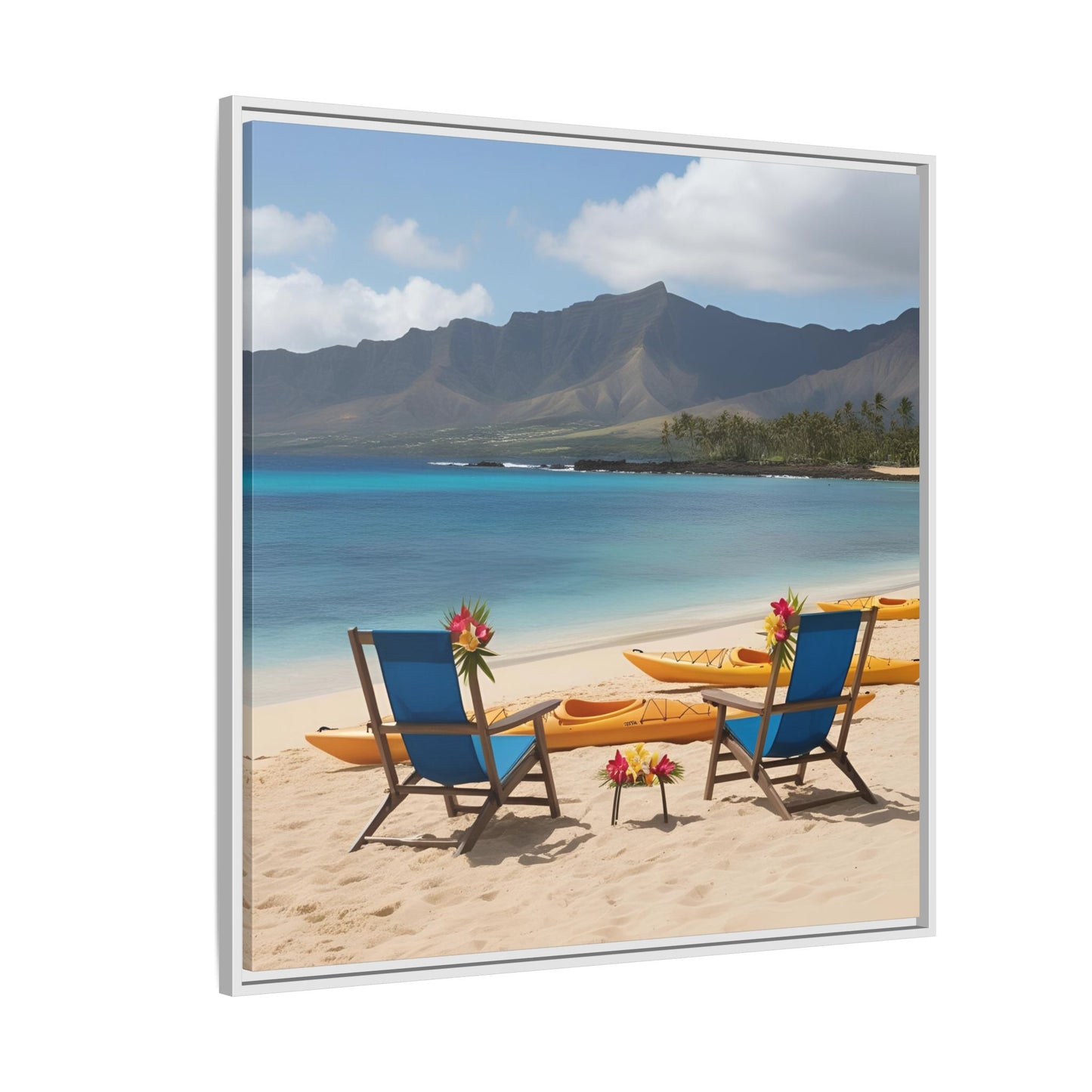 Chairs on the Beach Calm Sunny Day Framed Canvas Wall Art Beach Lover Vacation Oceanic Gift Nature Lover Peaceful Zen Gift 3 frame colors