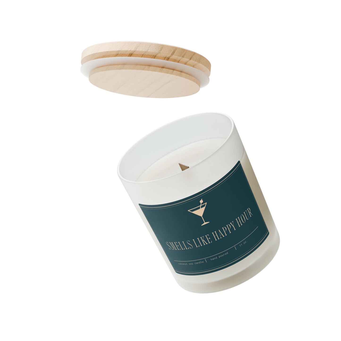 Artisanal Coconut Soy Frosted Glass Candle with Wooden Wick and Raw Maple Lid 11 oz Hand Poured Happy Hour Cocktails Candle 50 hr burn time