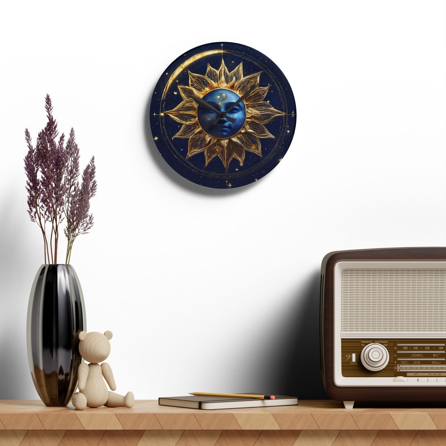Boho Celestial Design Acrylic Office Clock Unique Colorful Wall Clock for Kitchen or Living Room Astrological Blue Moon Gift