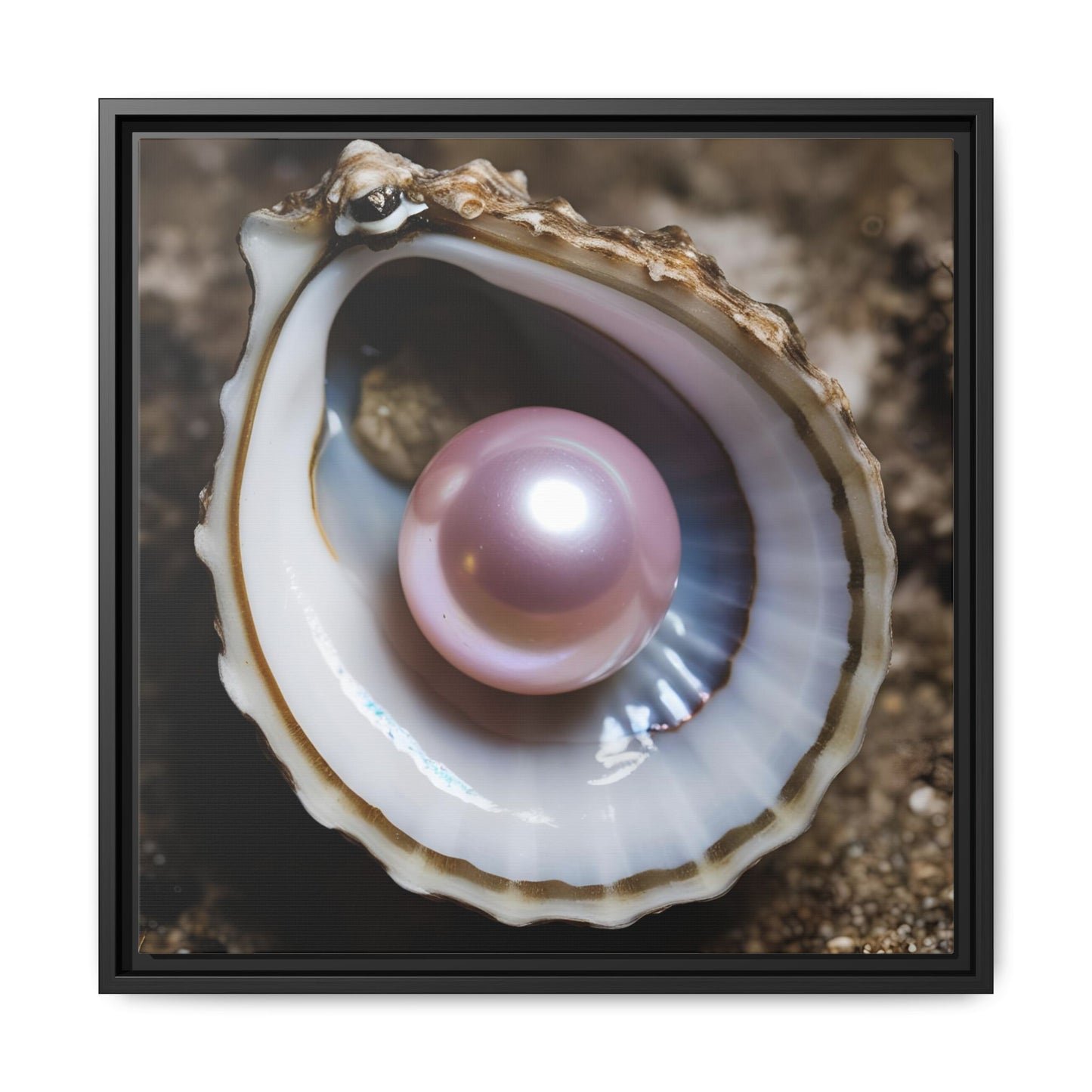 Pink Pearl in Oyster Shell Framed Canvas Wall Art Beach Lover Vacation Oceanic Gift Nature Lover Peaceful Zen Gift 3 frame colors