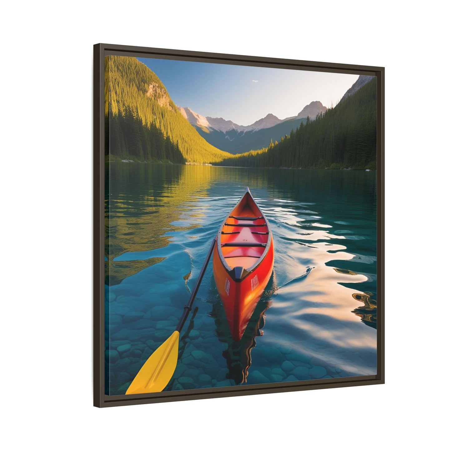 Canoe in the River Framed Canvas Wall Art Mountain Lover Outdoorsman Vacation Kayak Gift Nature Lover Peaceful Zen Gift 3 frame colors